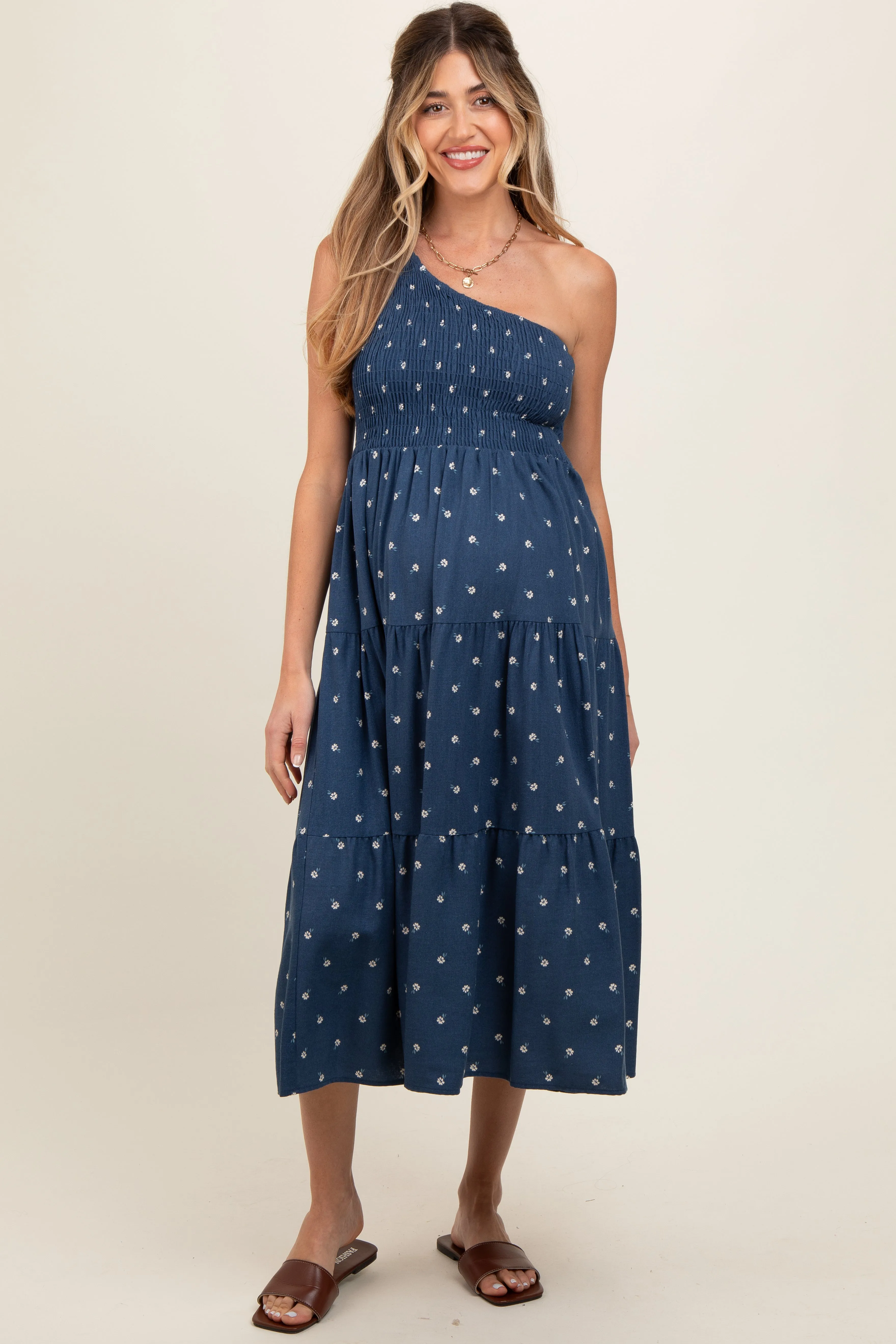 Navy Blue Floral Linen Smocked One Shoulder Tiered Maternity Midi Dress sold by Pinkblush