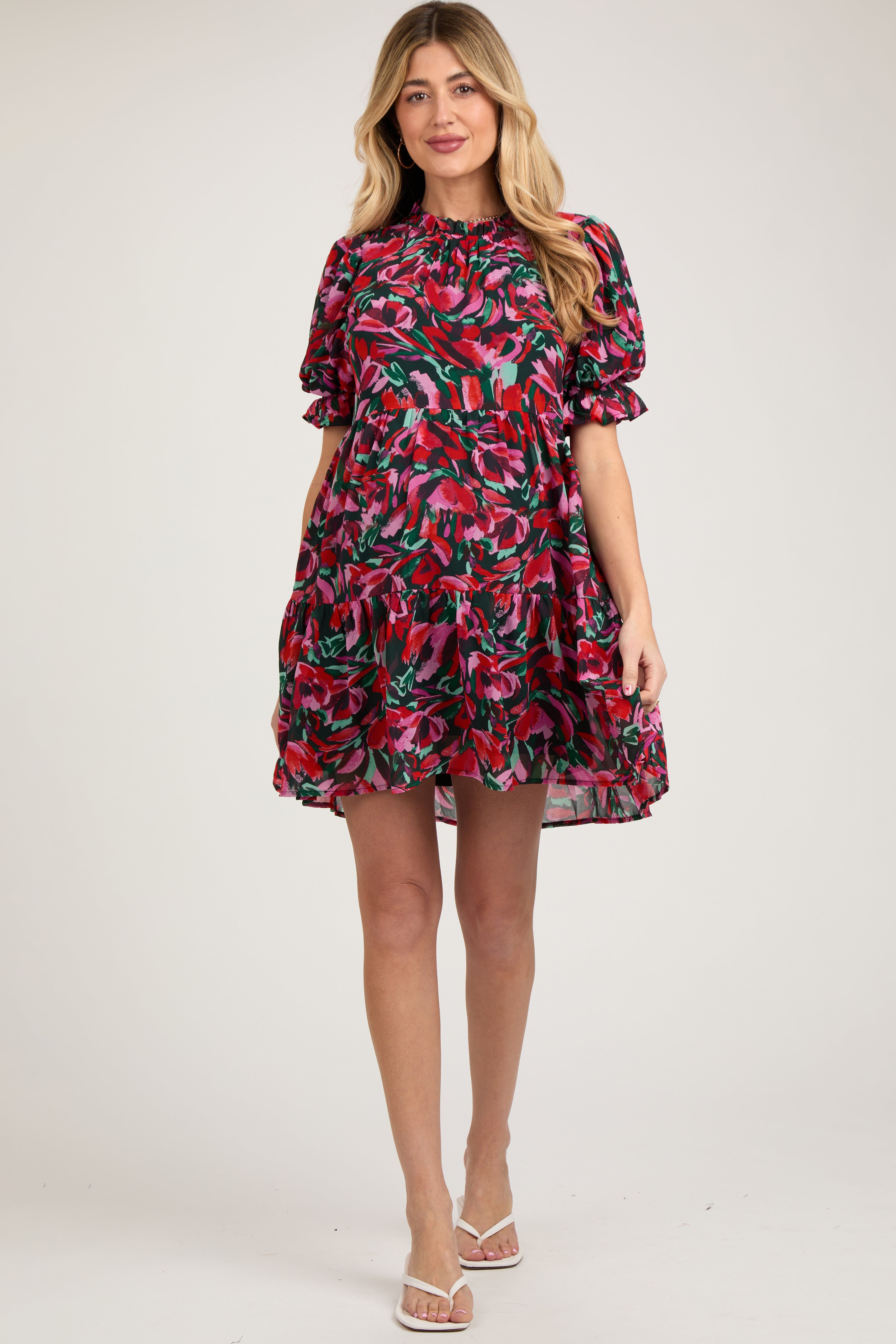 Black Abstract Floral Print Tiered Maternity Dress sold by Pinkblush product image thumbnail 2
