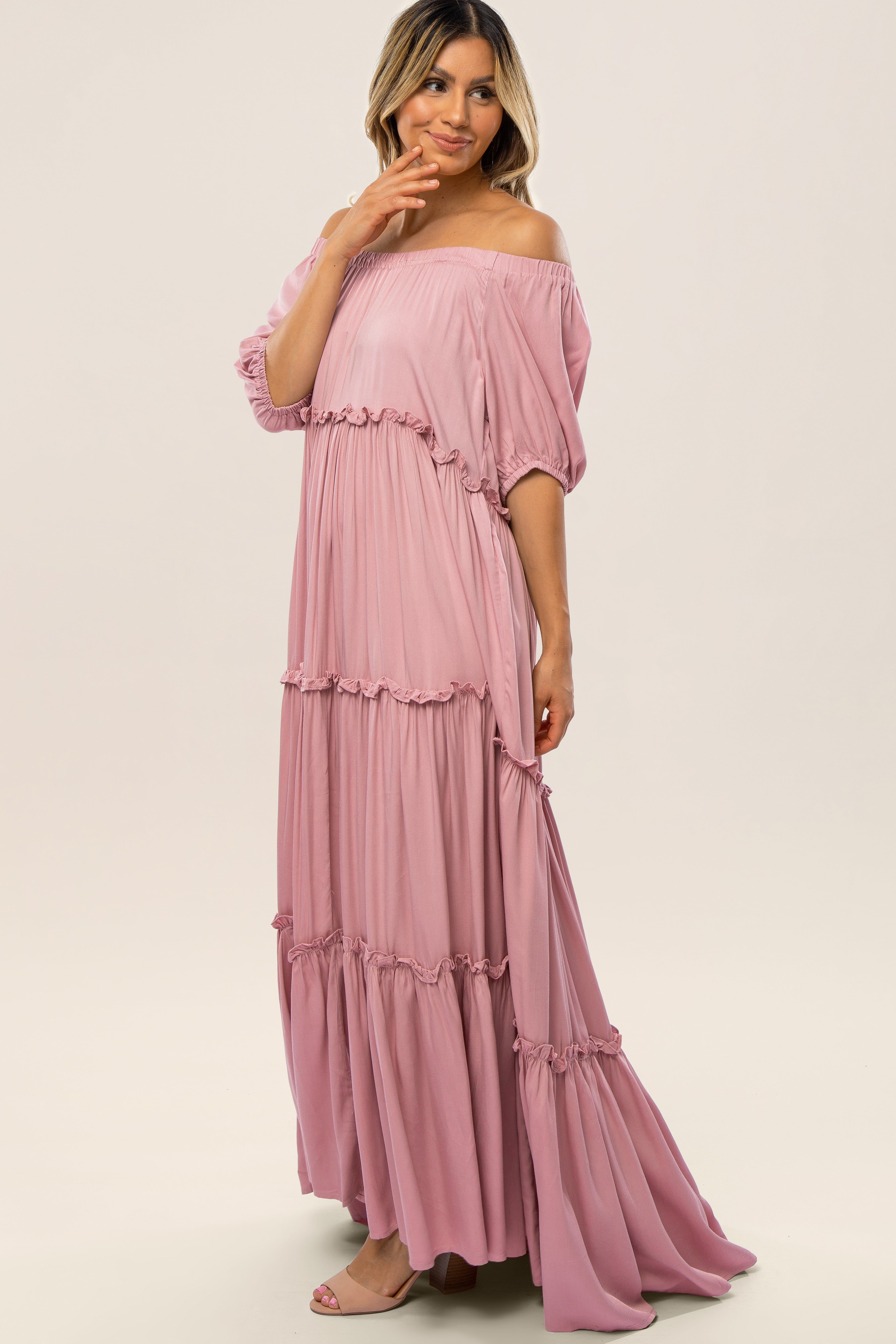 Mauve Off Shoulder Ruffle Tiered Maxi Dress sold by Pinkblush product image thumbnail 2