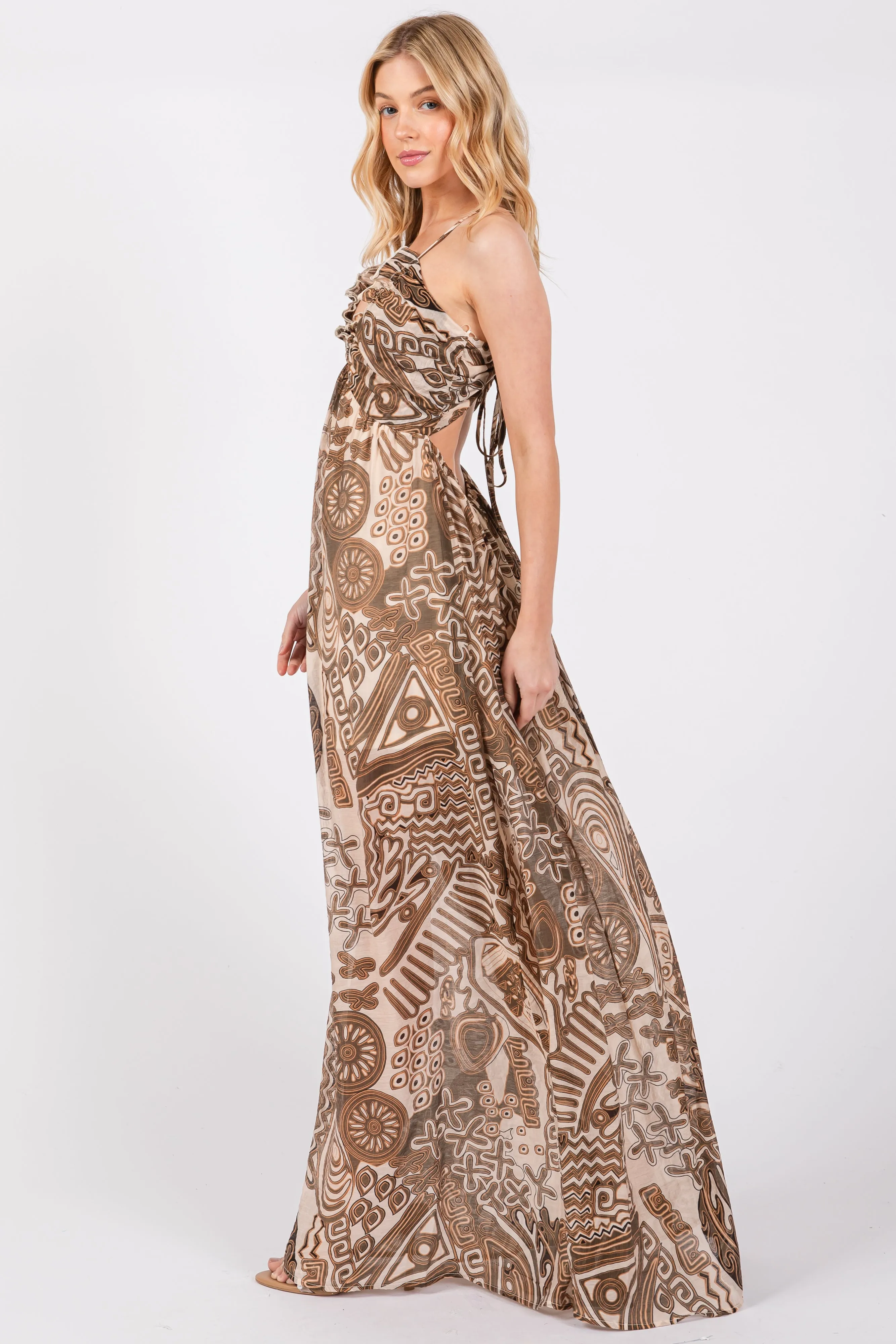 Brown Printed Halter Cutout Maxi Dress sold by Pinkblush product image thumbnail 2