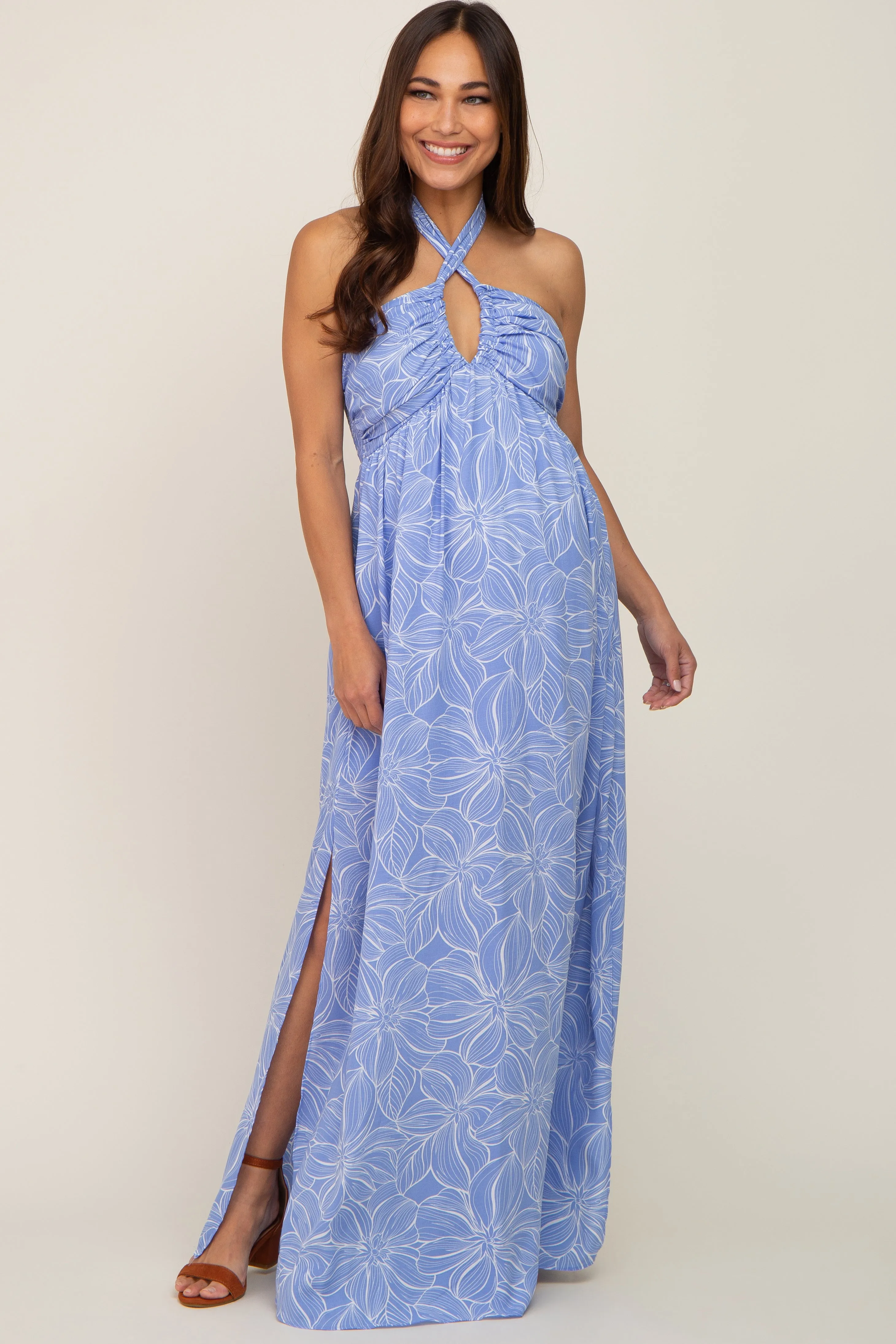 Blue Floral Halter Neck Maternity Maxi Dress sold by Pinkblush product image thumbnail 4
