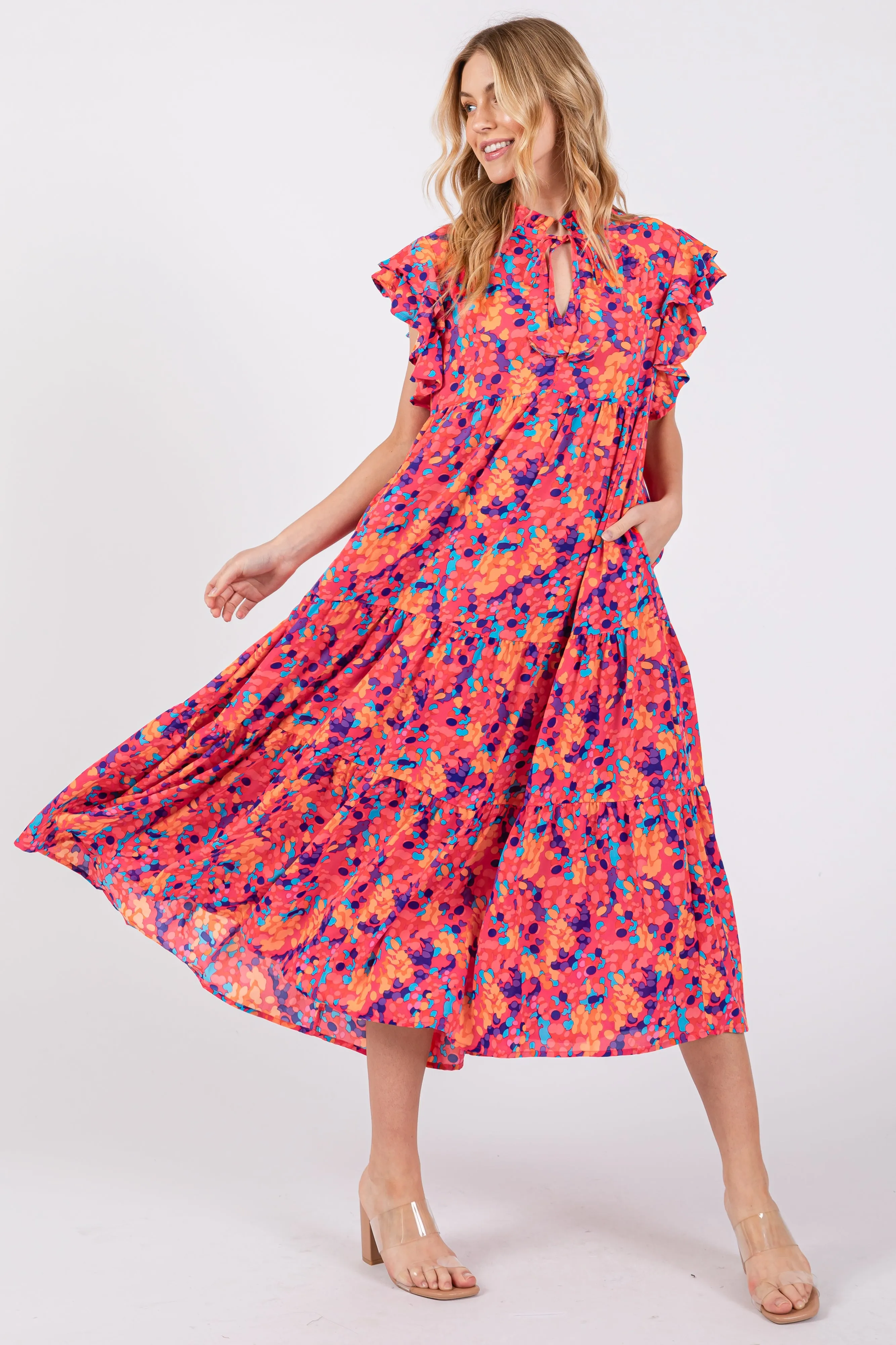 Fuchsia Layered Ruffle Shoulder Tiered Maternity Midi Dress sold by Pinkblush product image thumbnail 4