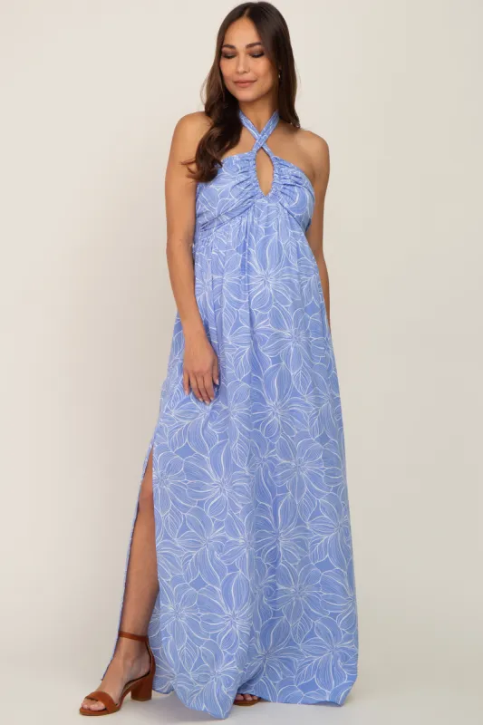 Blue Floral Halter Neck Maternity Maxi Dress sold by Pinkblush