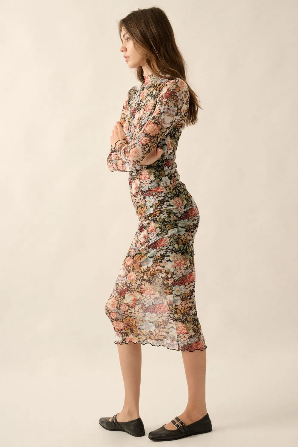 Black Floral Knit Lettuce-Edge Midi Dress sold by Pinkblush product image thumbnail 3