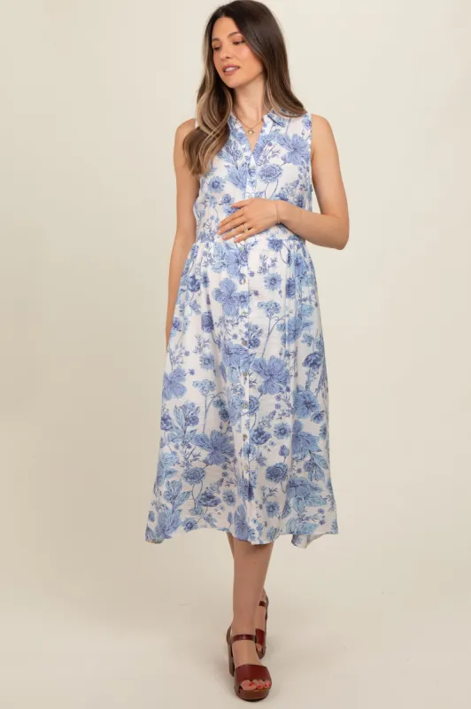 Blue Floral Printed Sleeveless Maternity Midi Shirt Dress sold by Pinkblush