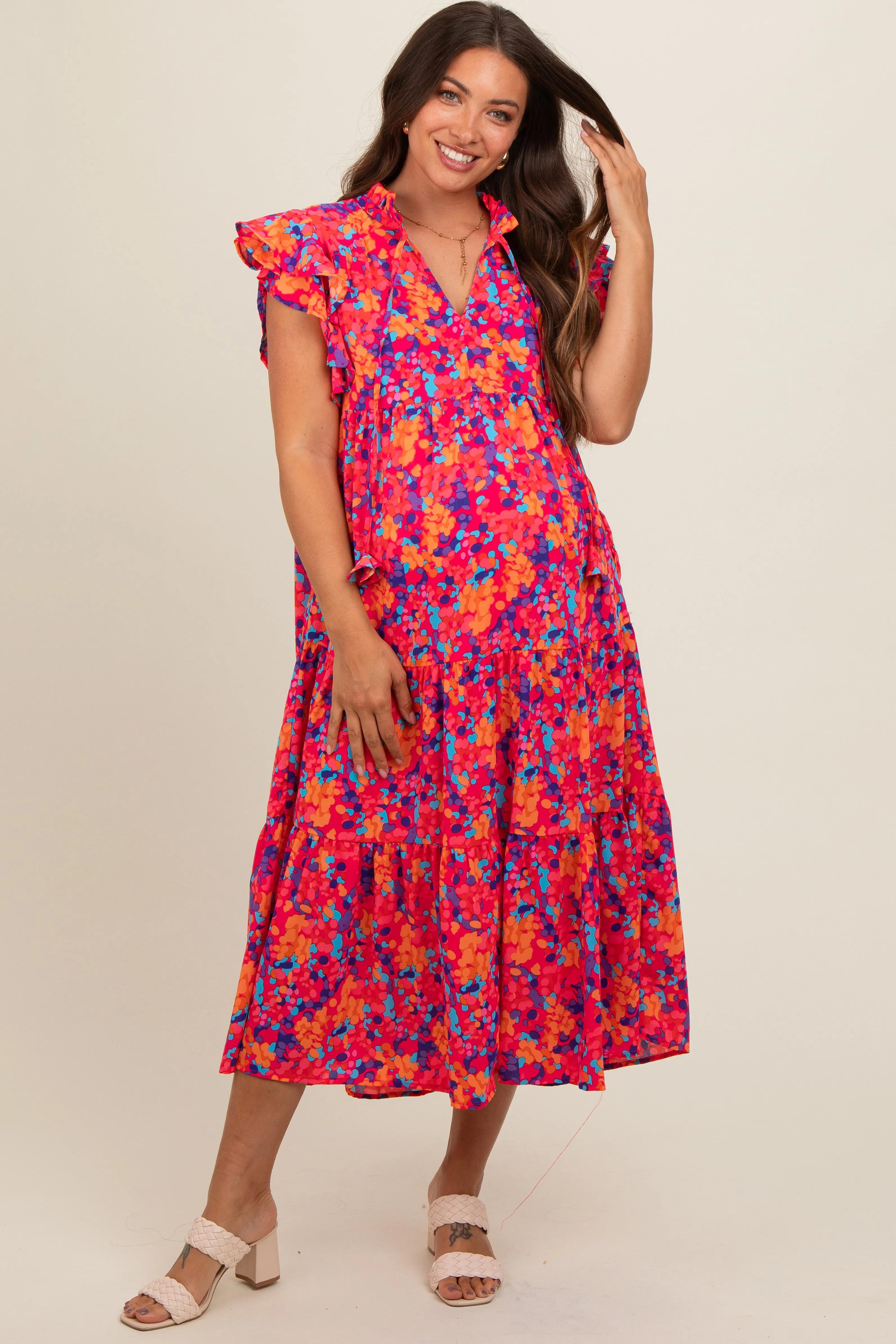 Fuchsia Layered Ruffle Shoulder Tiered Maternity Midi Dress sold by Pinkblush