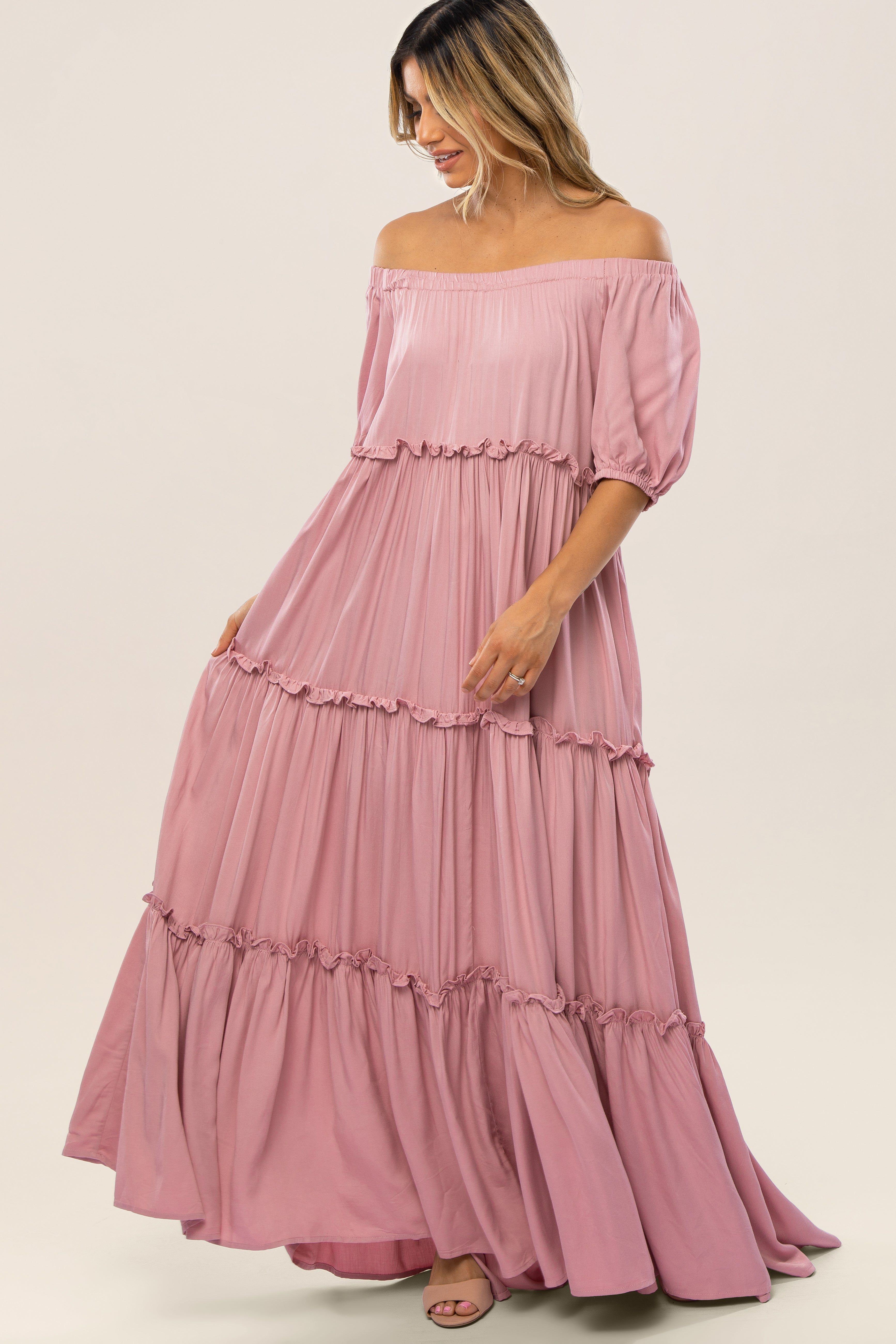 Mauve Off Shoulder Ruffle Tiered Maxi Dress sold by Pinkblush