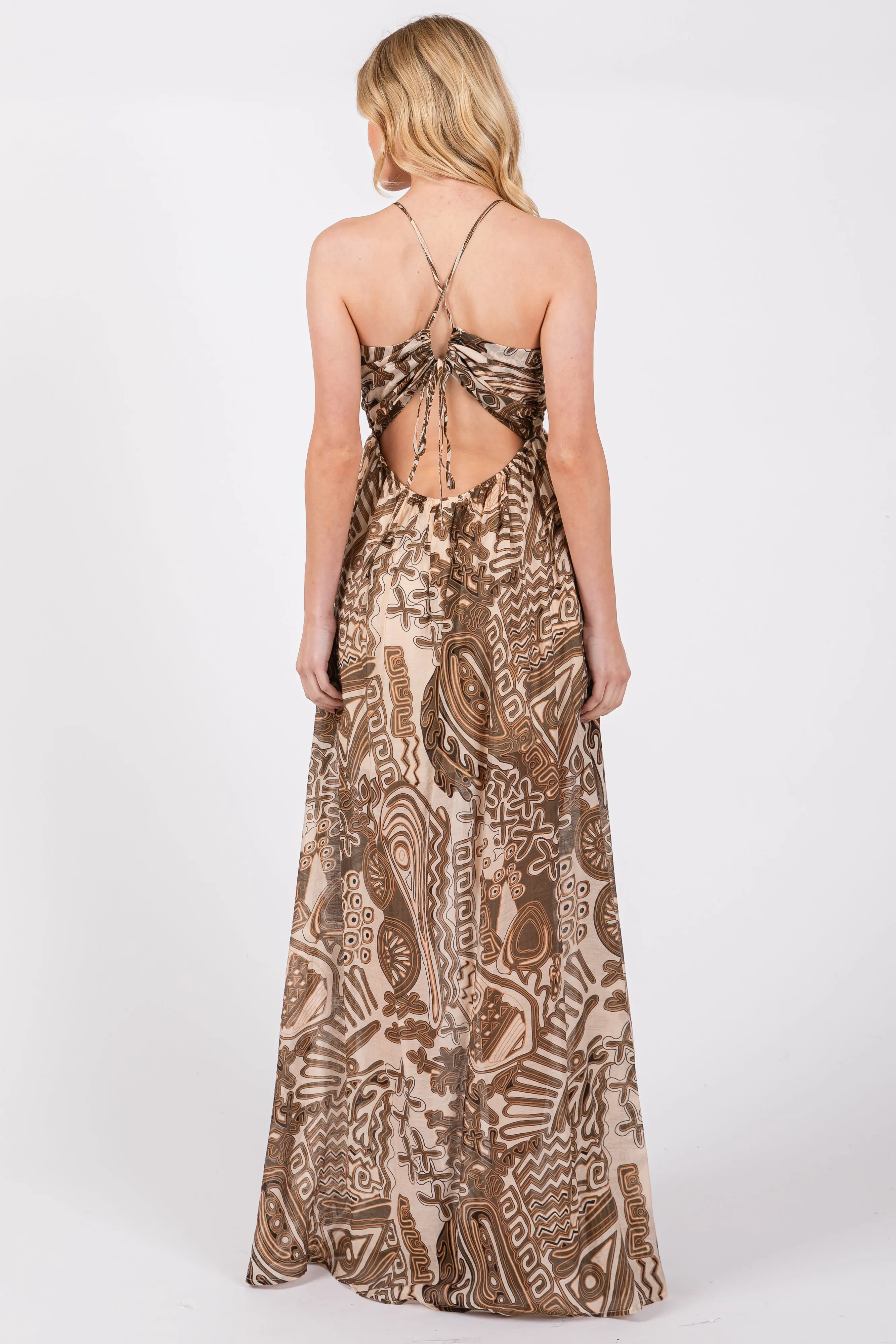 Brown Printed Halter Cutout Maxi Dress sold by Pinkblush product image thumbnail 3