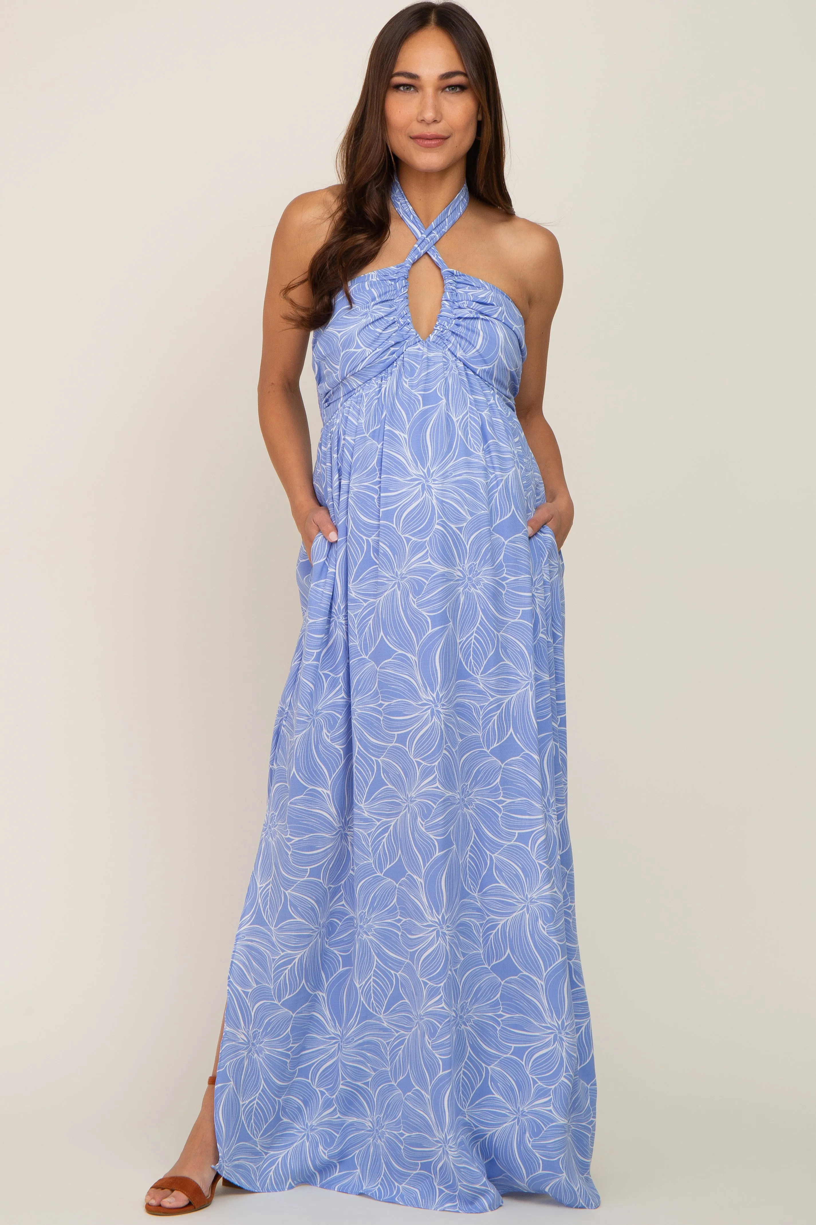 Blue Floral Halter Neck Maternity Maxi Dress sold by Pinkblush product image thumbnail 5