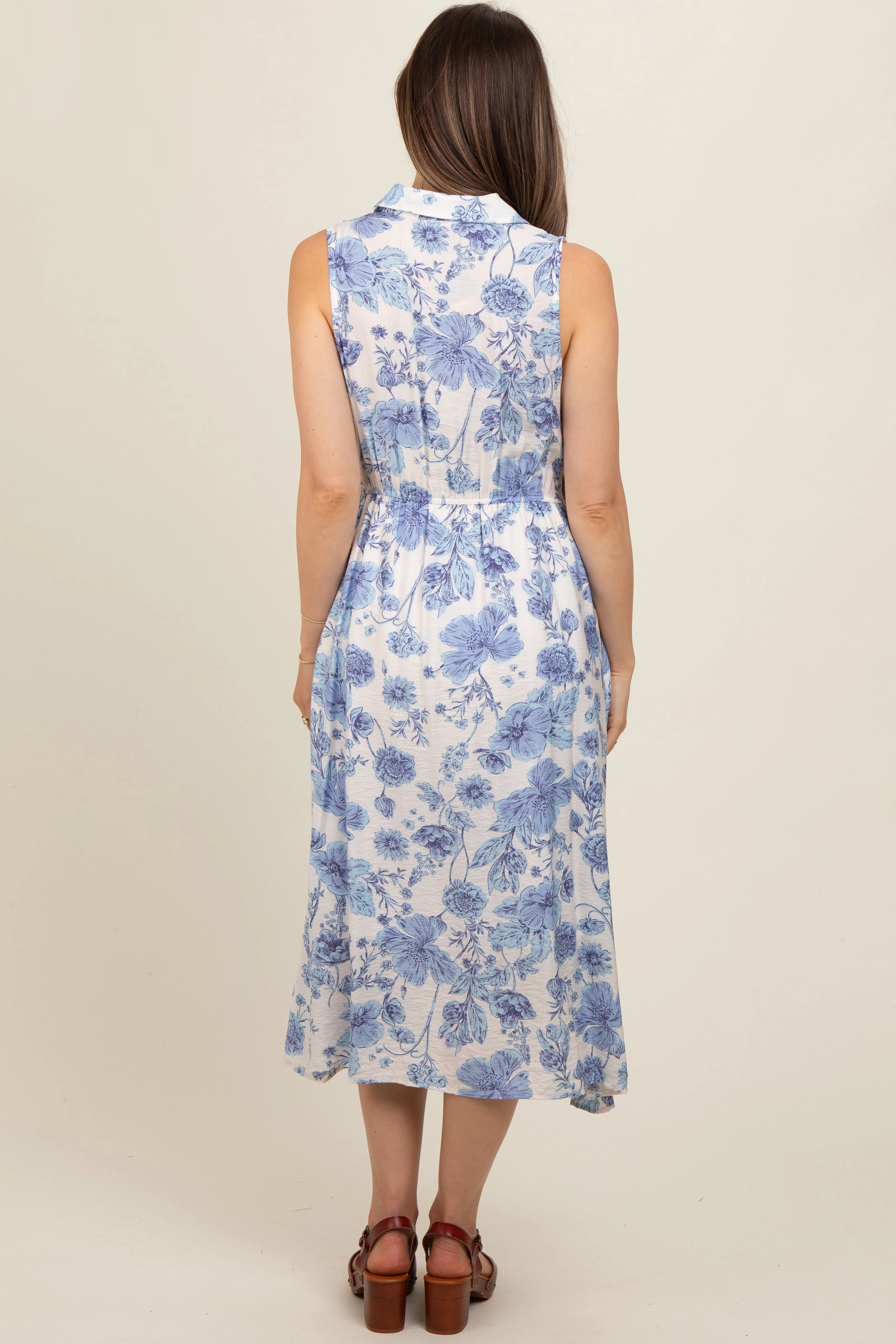 Blue Floral Printed Sleeveless Maternity Midi Shirt Dress sold by Pinkblush product image thumbnail 2