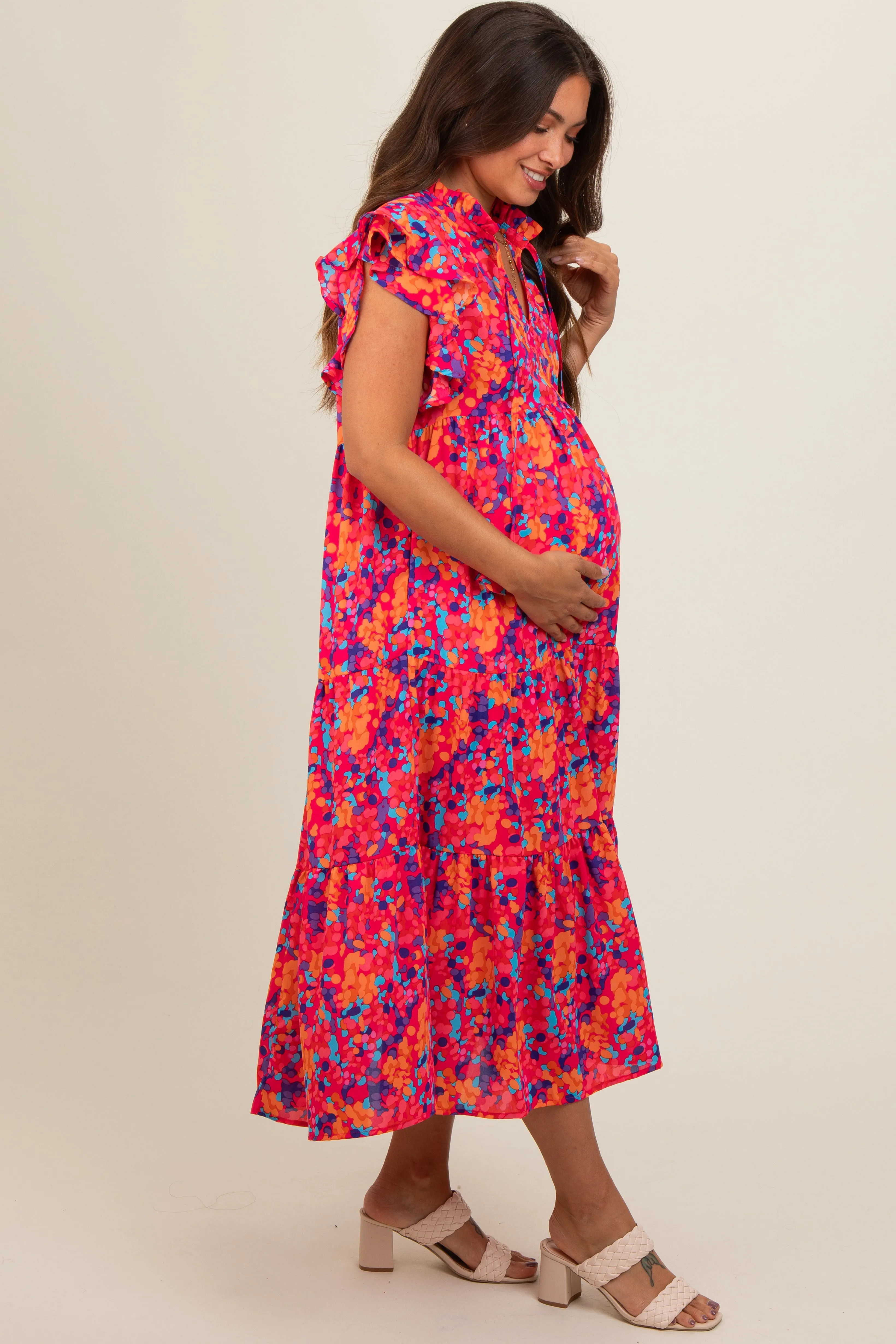Fuchsia Layered Ruffle Shoulder Tiered Maternity Midi Dress sold by Pinkblush product image thumbnail 2