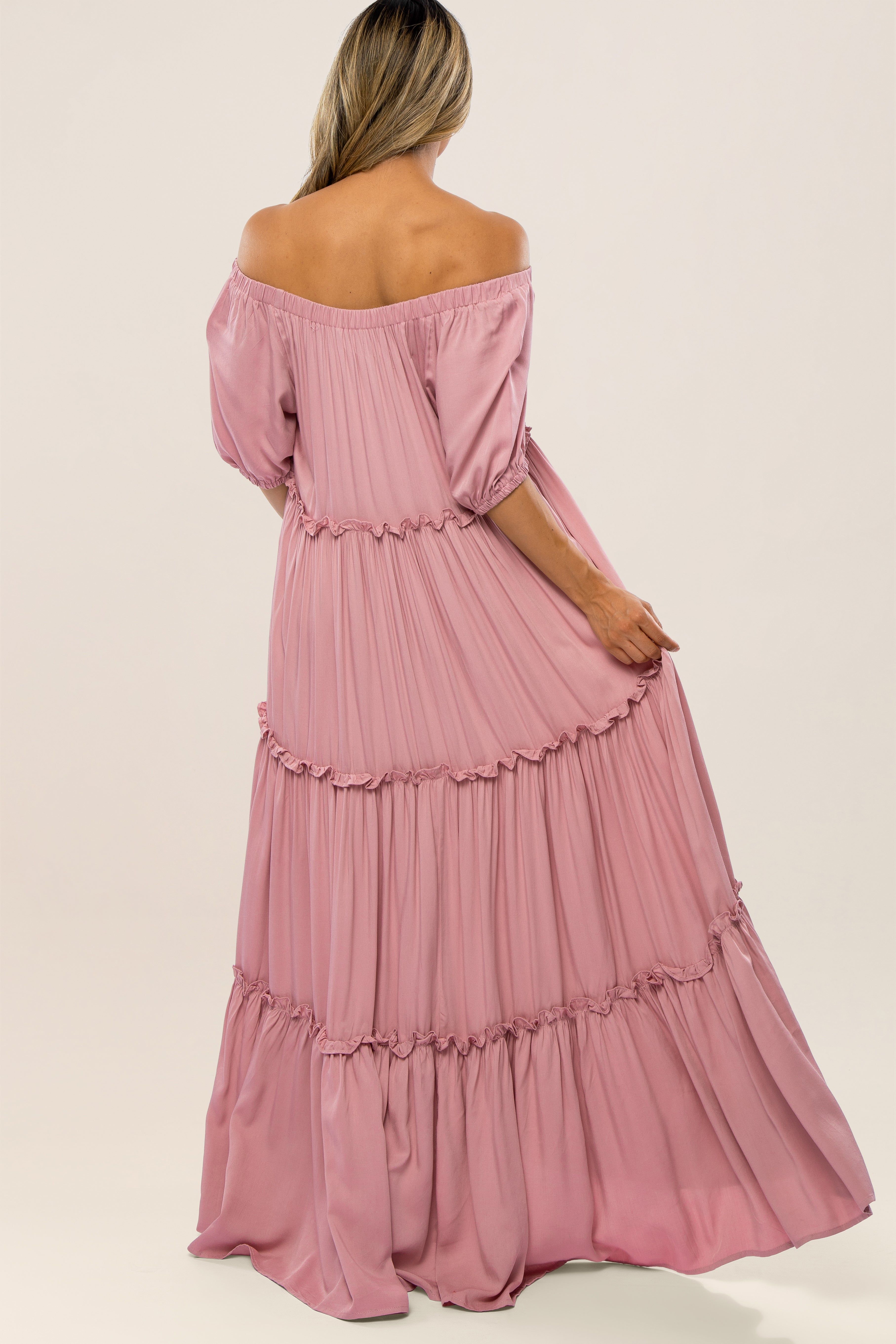 Mauve Off Shoulder Ruffle Tiered Maxi Dress sold by Pinkblush product image thumbnail 3
