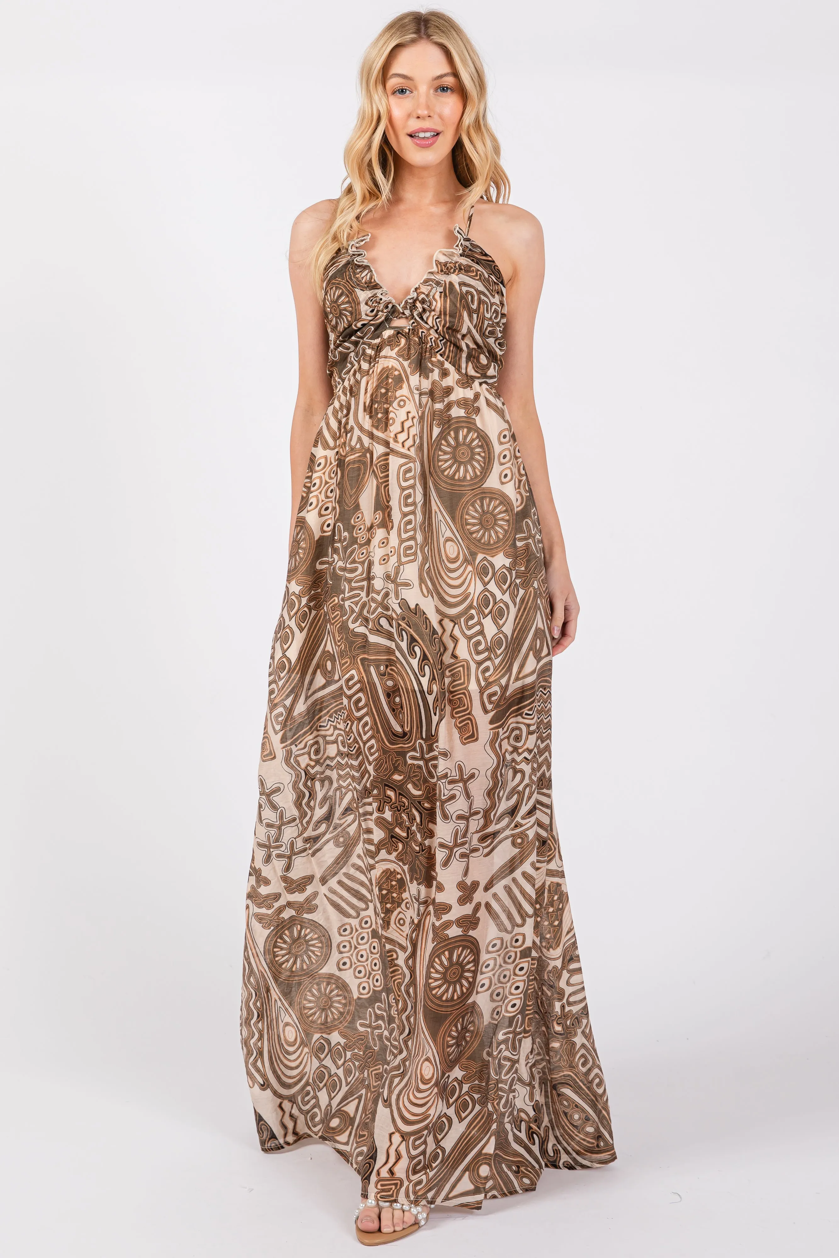 Brown Printed Halter Cutout Maxi Dress sold by Pinkblush