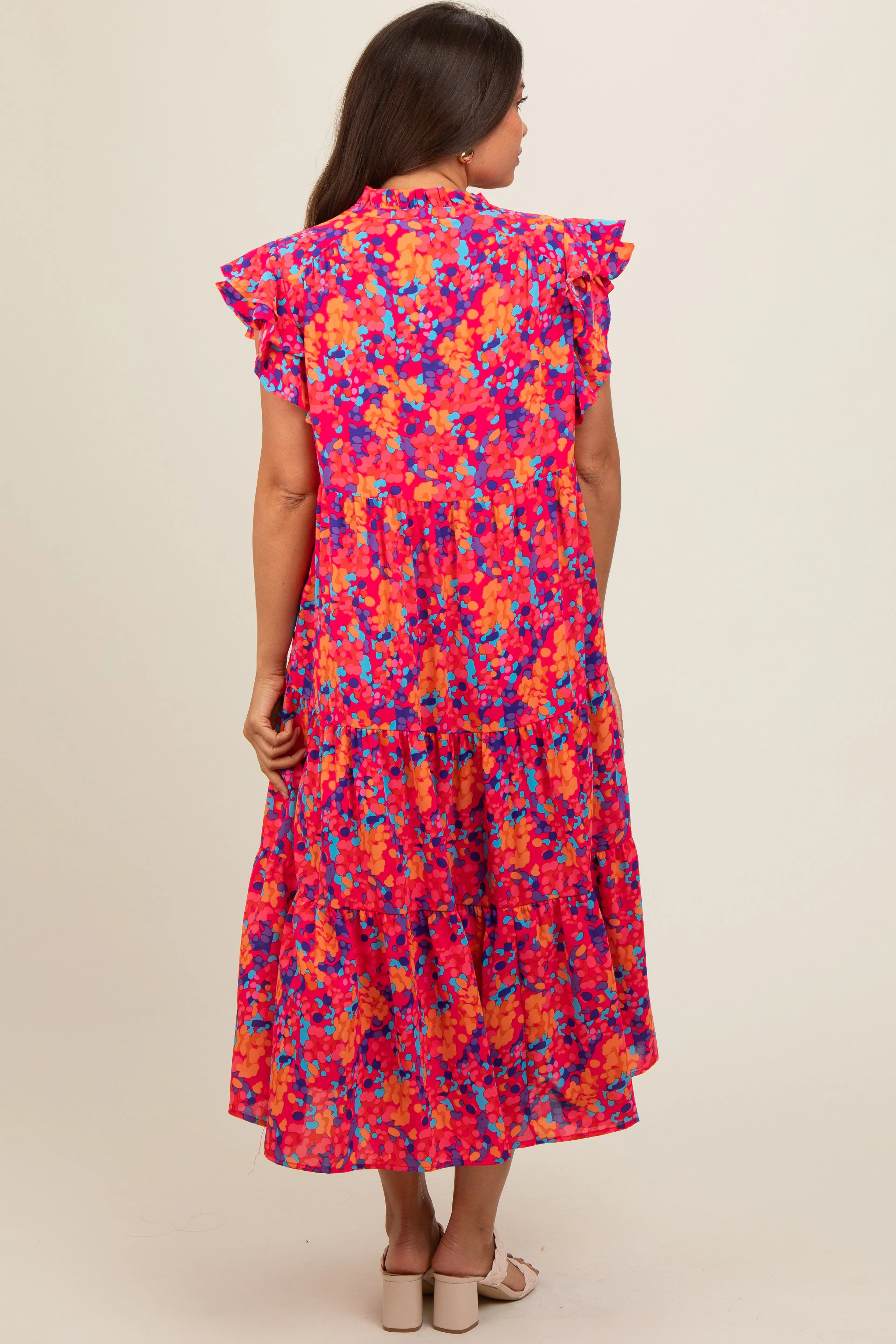 Fuchsia Layered Ruffle Shoulder Tiered Maternity Midi Dress sold by Pinkblush product image thumbnail 3