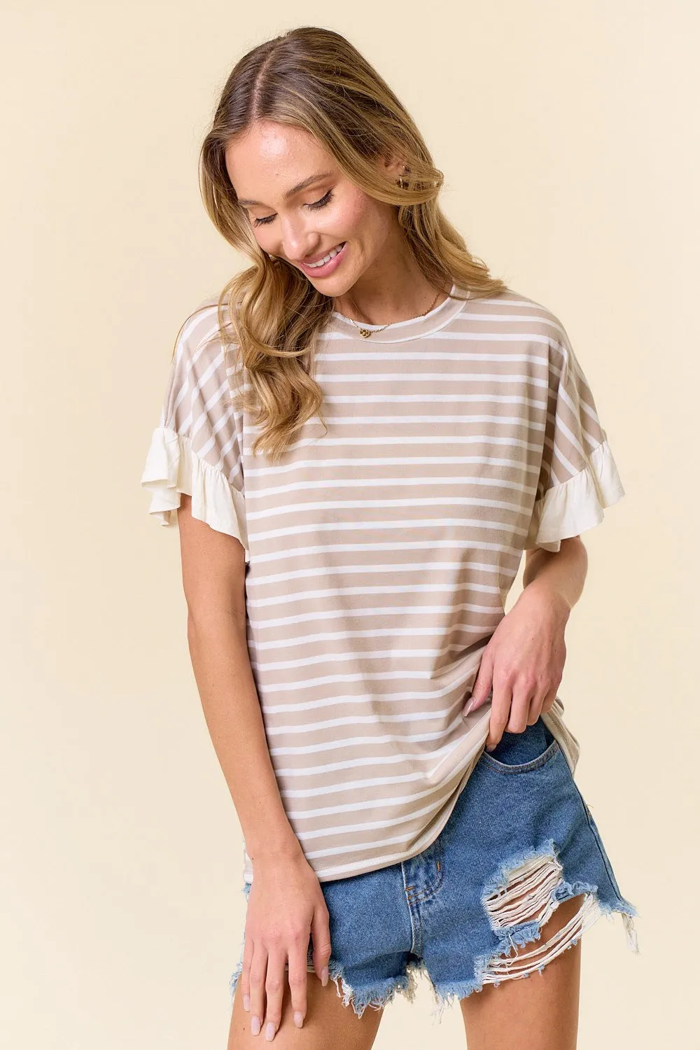 Taupe Striped Ruffle Sleeve Top sold by Pinkblush