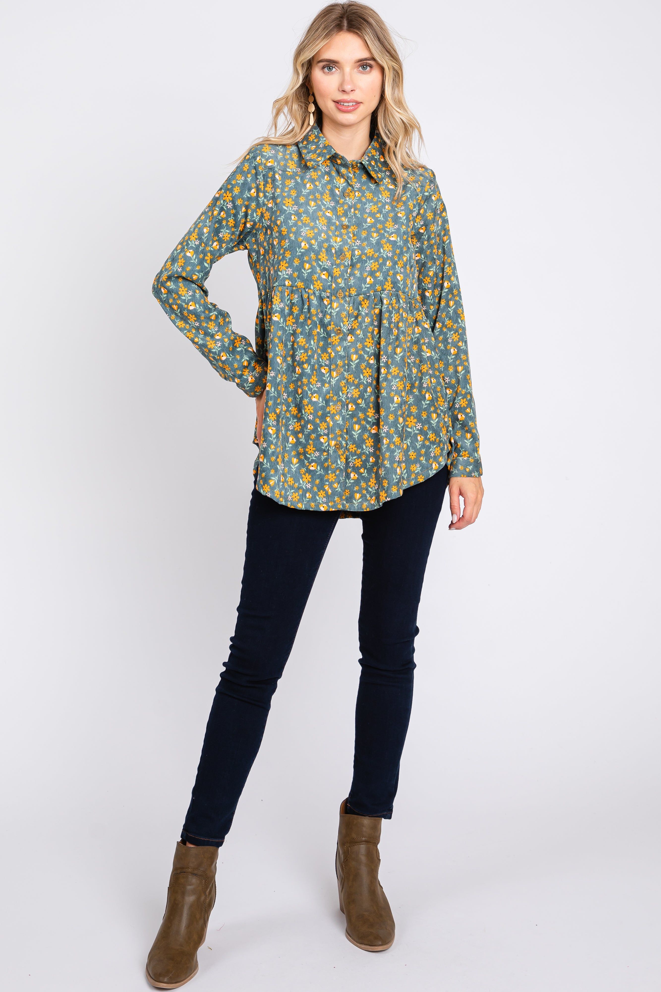 Teal Floral Corduroy Button Up Top sold by Pinkblush product image thumbnail 4