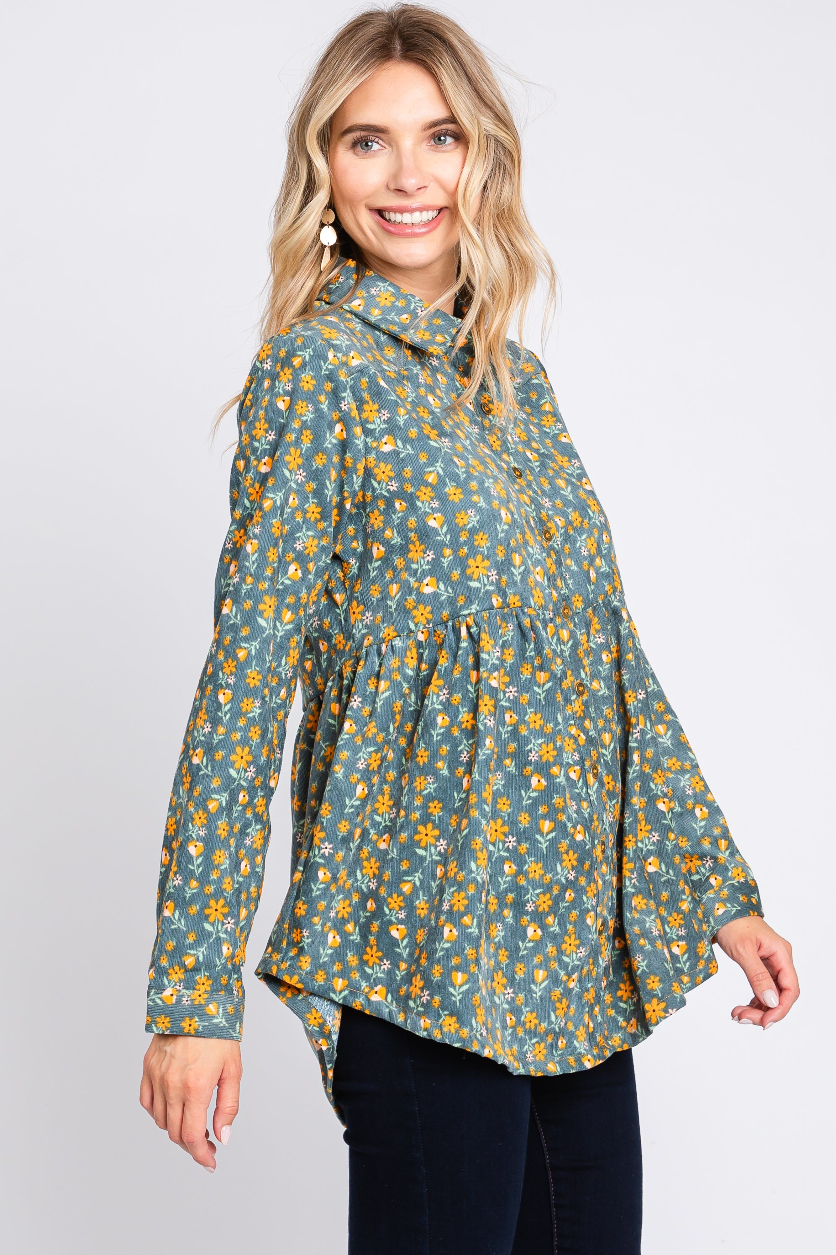 Teal Floral Corduroy Button Up Top sold by Pinkblush product image thumbnail 2