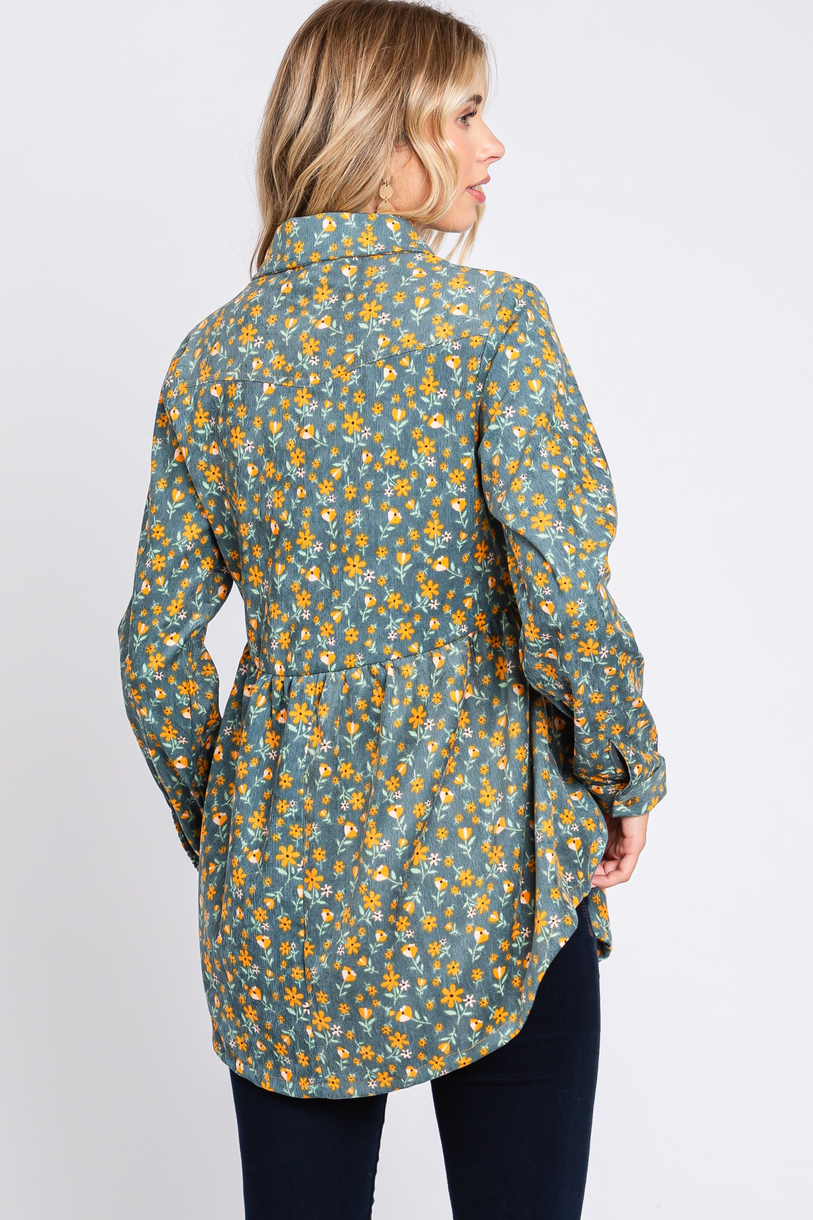Teal Floral Corduroy Button Up Top sold by Pinkblush product image thumbnail 3