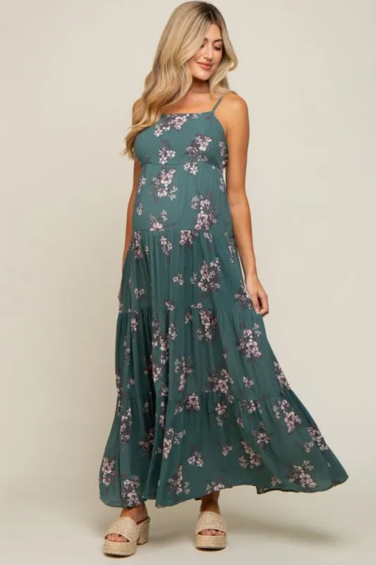 Teal Ditsy Floral Tiered Maternity Maxi Dress sold by Pinkblush