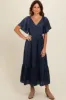 Navy Blue Satin Smocked Midi Dress sold by Pinkblush