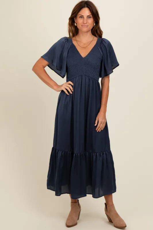 Navy Blue Satin Smocked Midi Dress sold by Pinkblush