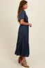 Navy Blue Satin Smocked Midi Dress sold by Pinkblush