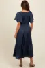 Navy Blue Satin Smocked Midi Dress sold by Pinkblush