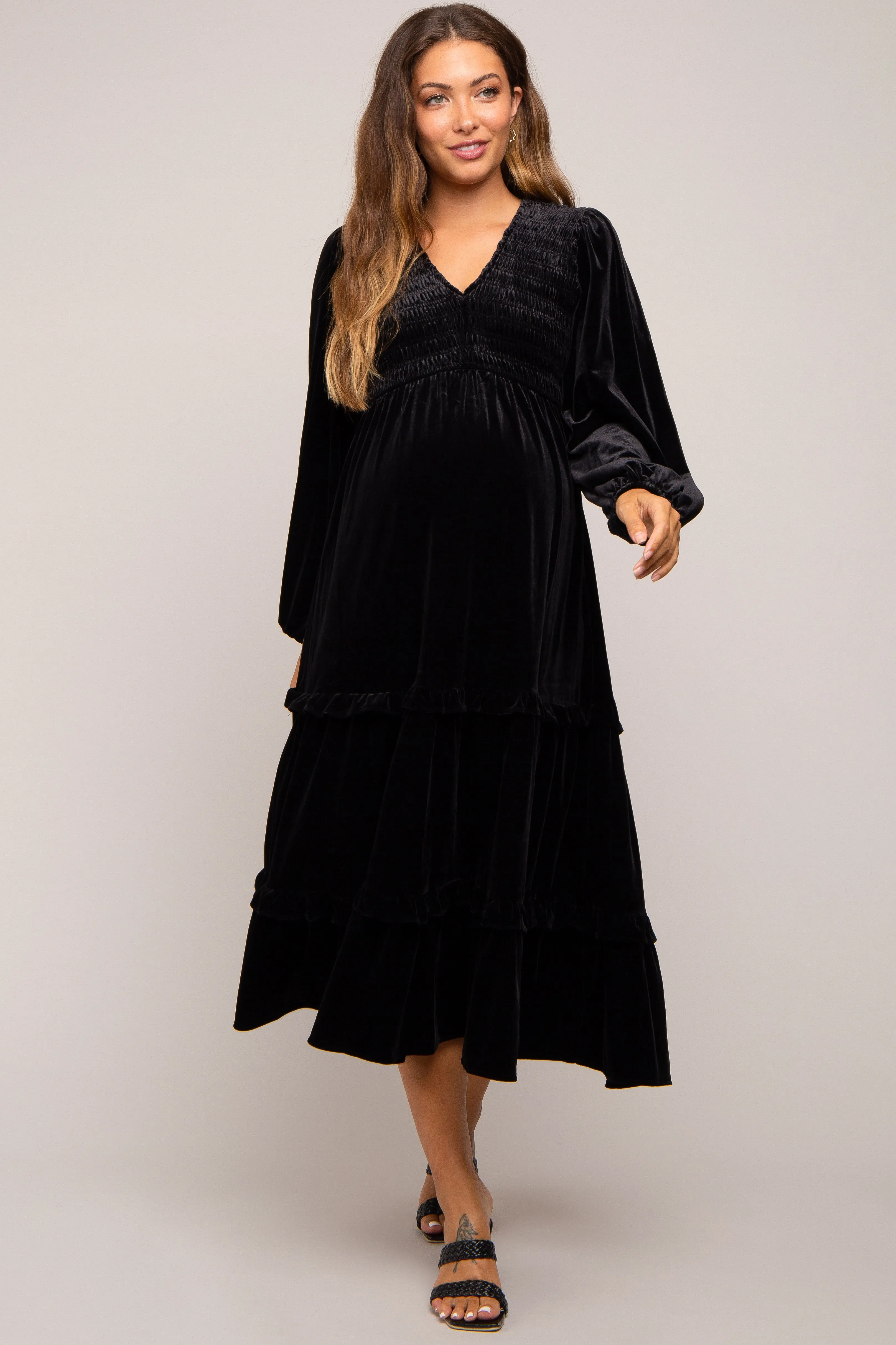 Black Velvet Smocked Maternity Midi Dress sold by Pinkblush product image thumbnail 5