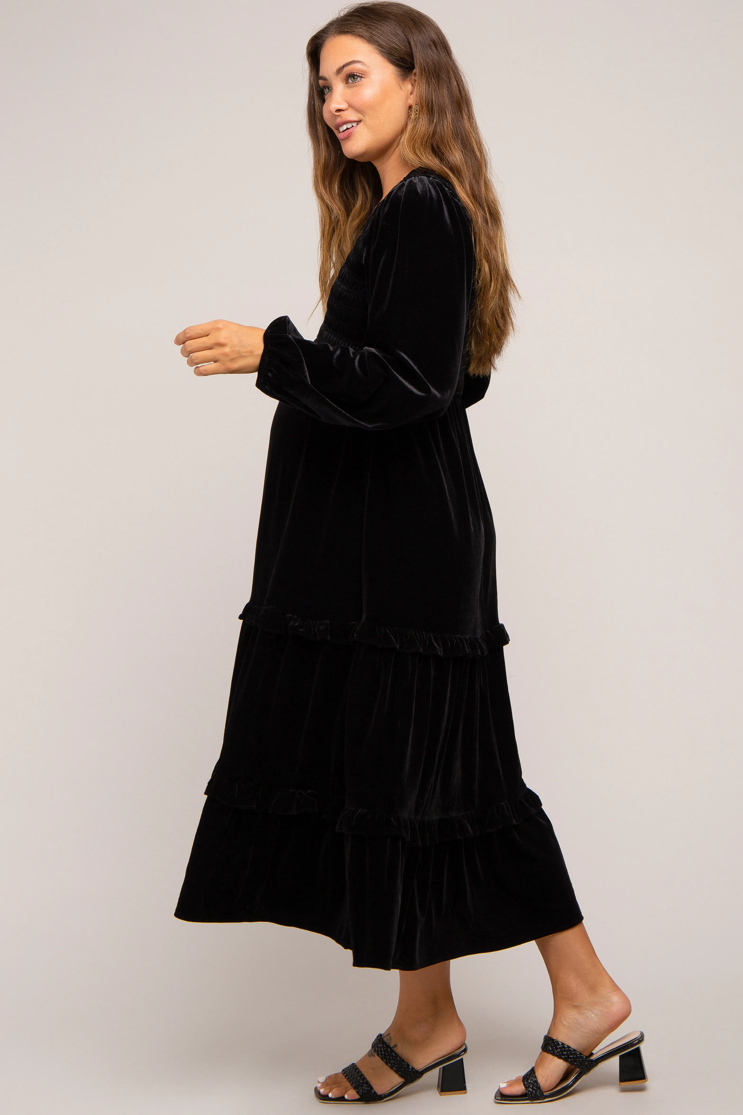 Black Velvet Smocked Maternity Midi Dress sold by Pinkblush product image thumbnail 2