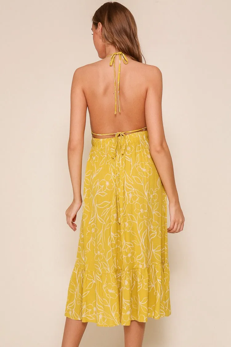 Yellow Floral Sleeveless Halter Neck Open Back Dress sold by Pinkblush product image thumbnail 4