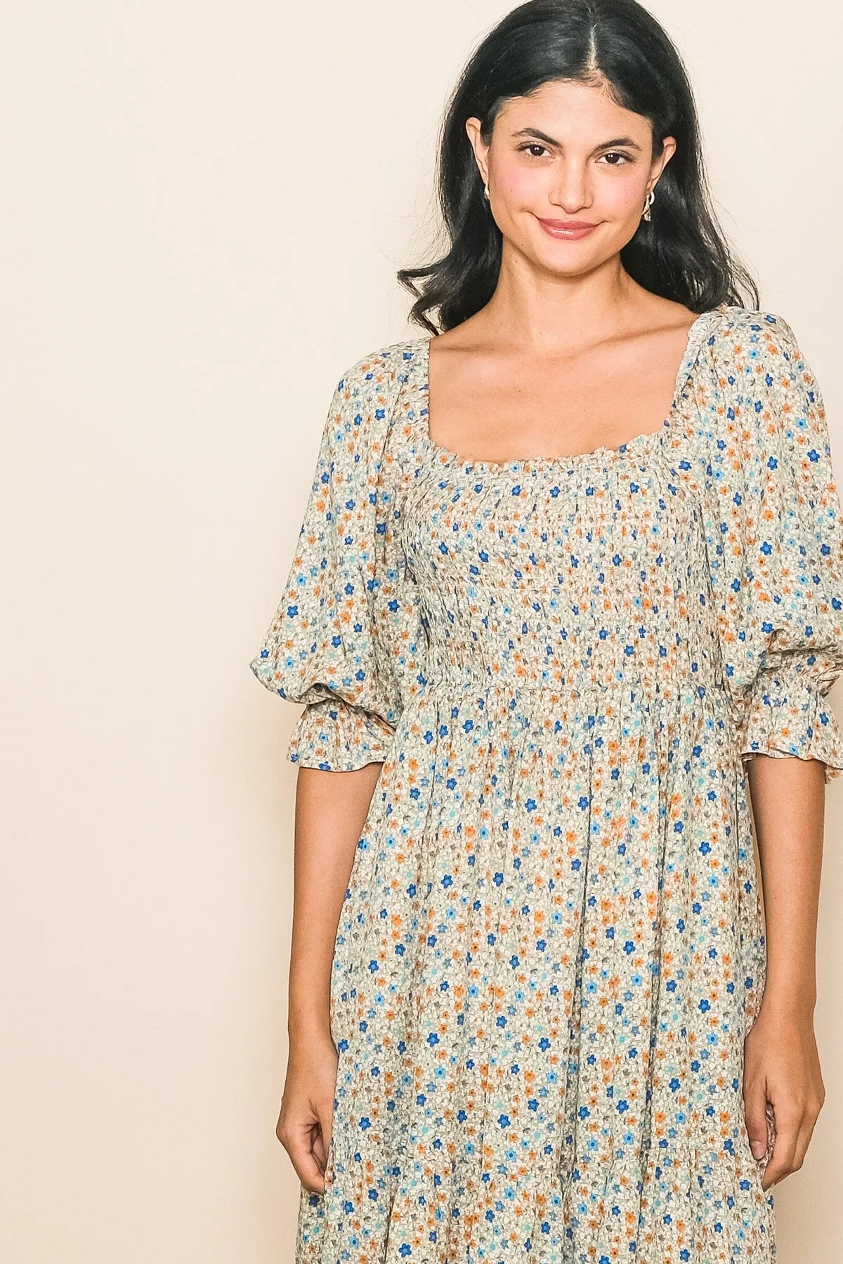 Taupe Floral Smocked Dress sold by Pinkblush product image thumbnail 4