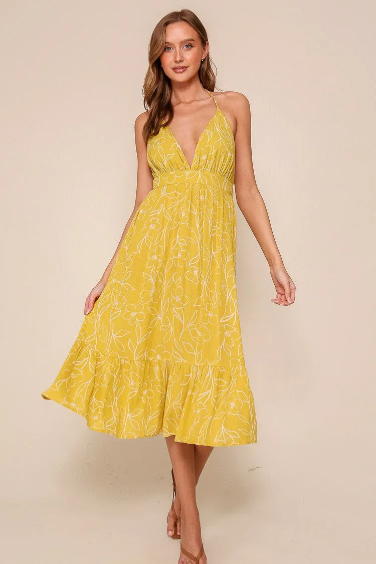 Yellow Floral Sleeveless Halter Neck Open Back Dress sold by Pinkblush