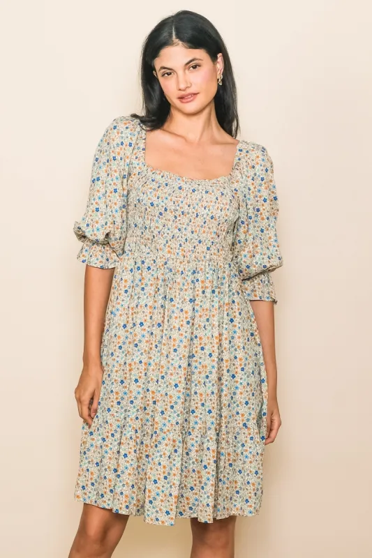 Taupe Floral Smocked Dress sold by Pinkblush