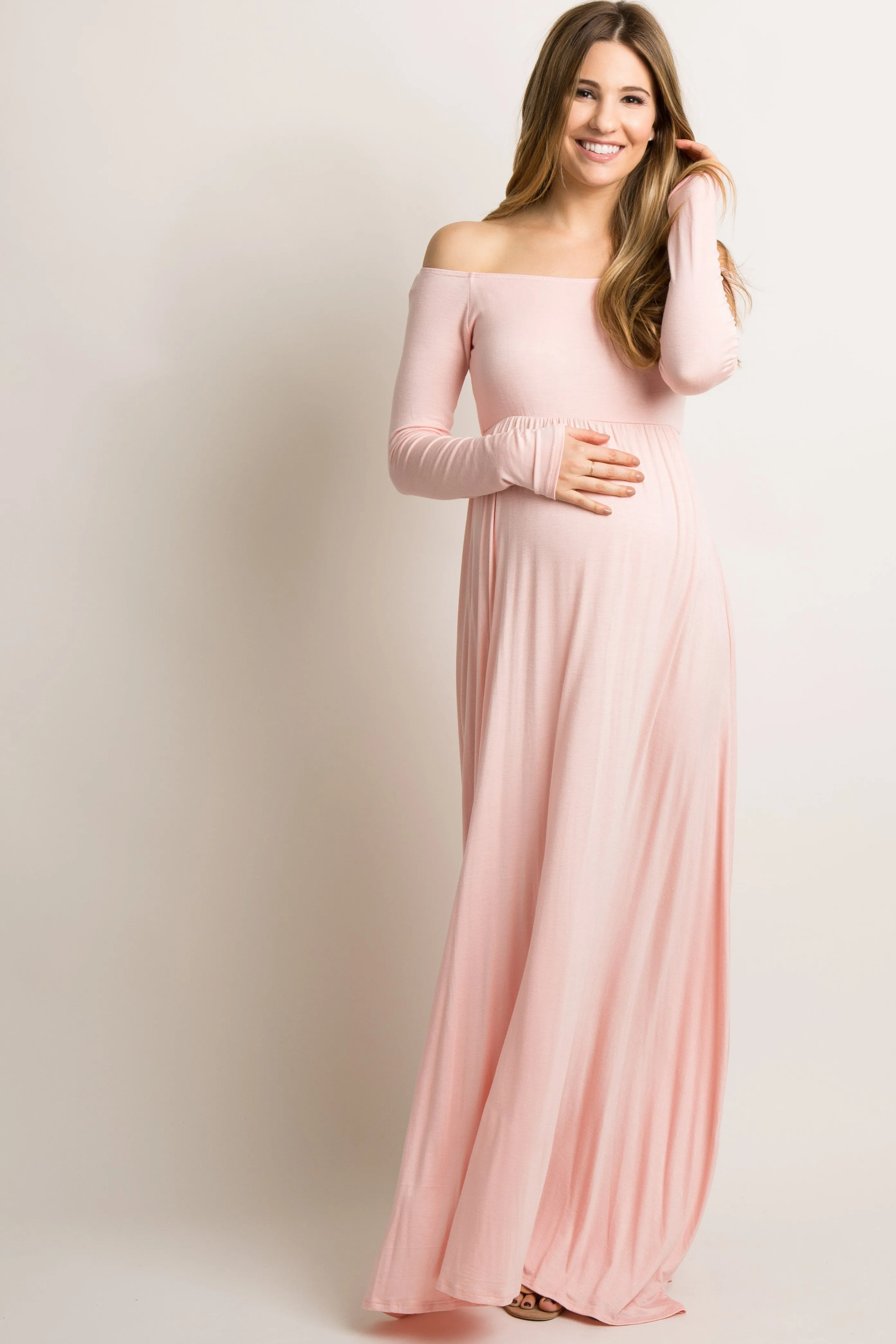 PinkBlush Pink Solid Off Shoulder Maternity Maxi Dress sold by Pinkblush