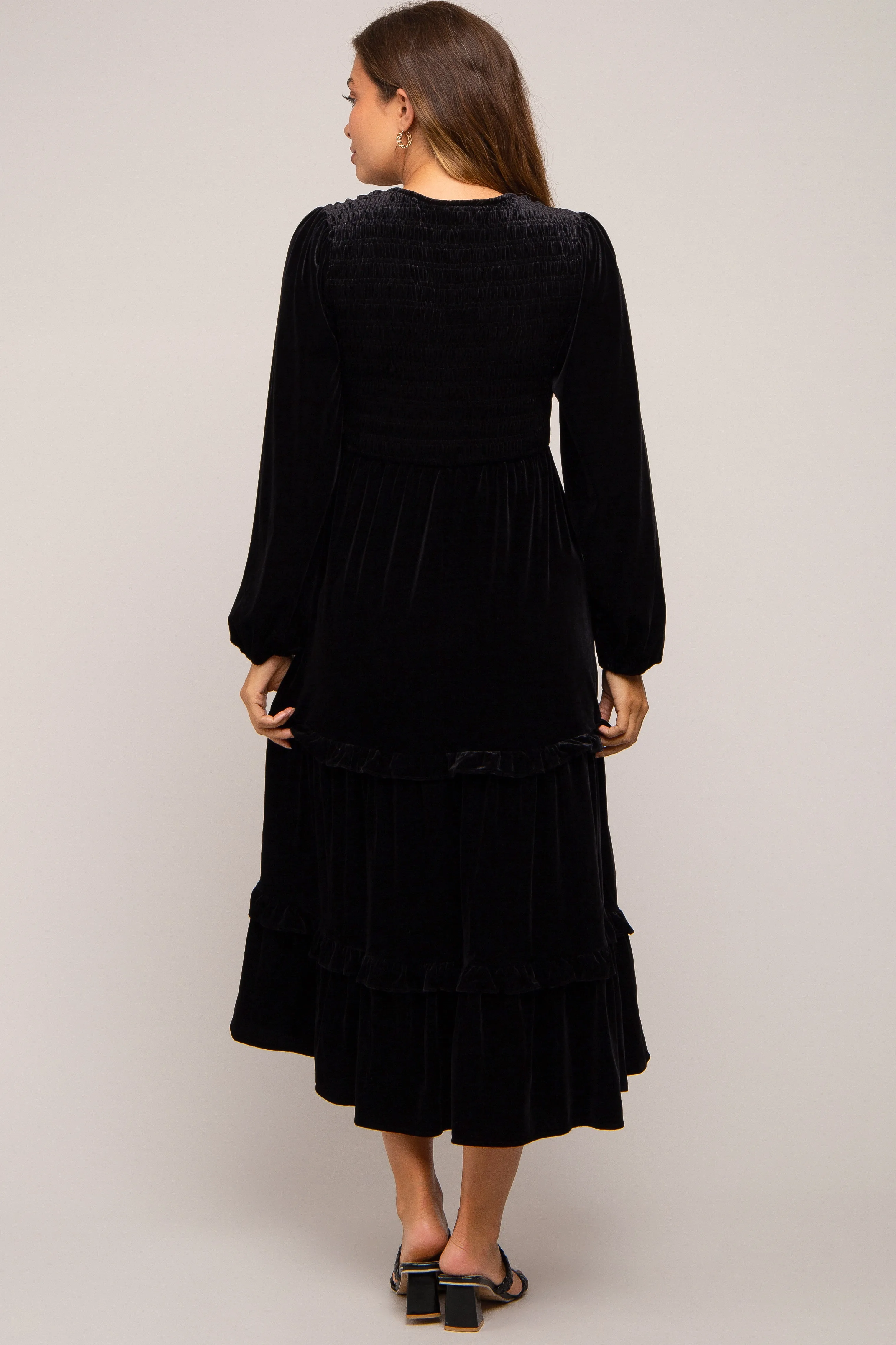 Black Velvet Smocked Maternity Midi Dress sold by Pinkblush product image thumbnail 3