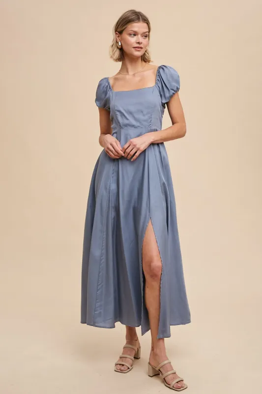 Elemental Blue Linen Blend Maxi Dress With Corset Back sold by Pinkblush