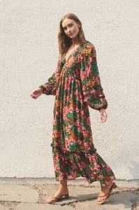 Camel Floral Ruffle Accent Deep V-Neck Maxi Dress sold by Pinkblush