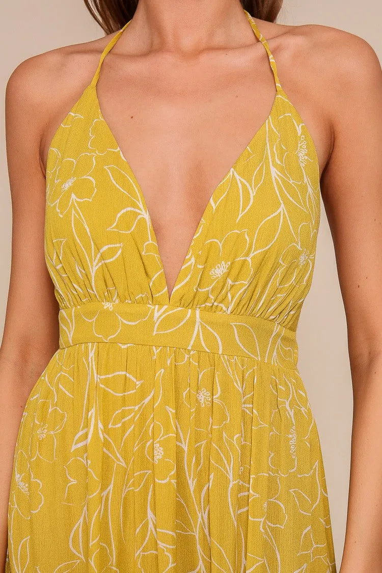 Yellow Floral Sleeveless Halter Neck Open Back Dress sold by Pinkblush product image thumbnail 5