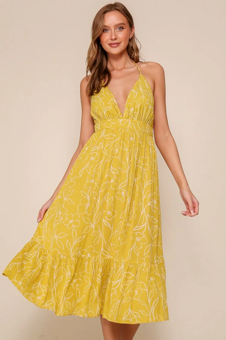 Yellow Floral Sleeveless Halter Neck Open Back Dress sold by Pinkblush product image thumbnail 2