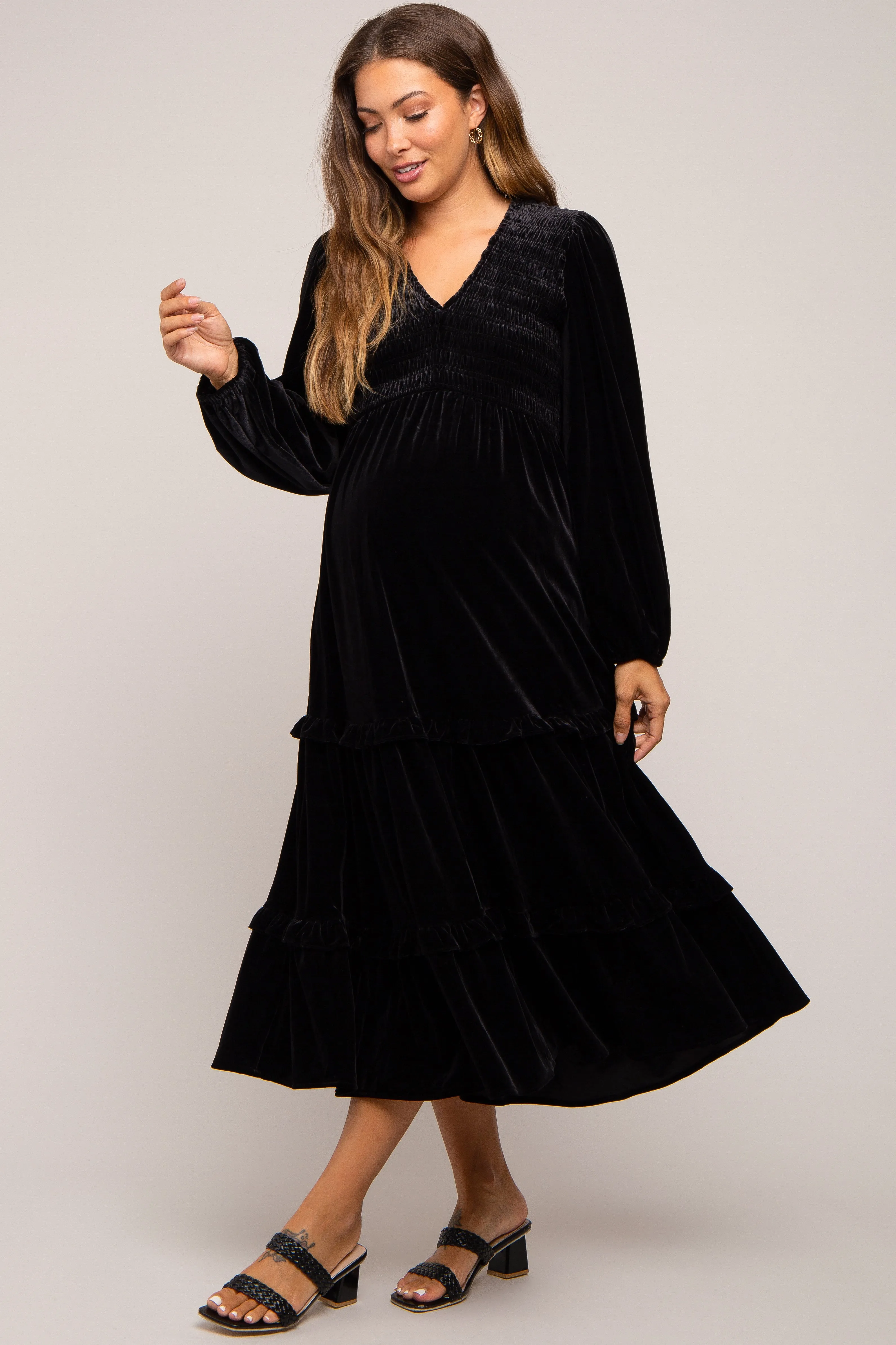 Black Velvet Smocked Maternity Midi Dress sold by Pinkblush product image thumbnail 4