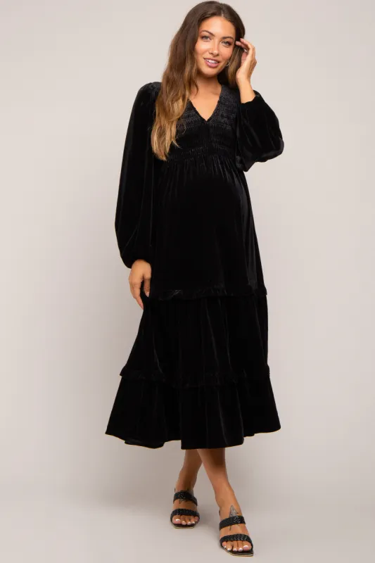 Black Velvet Smocked Maternity Midi Dress sold by Pinkblush
