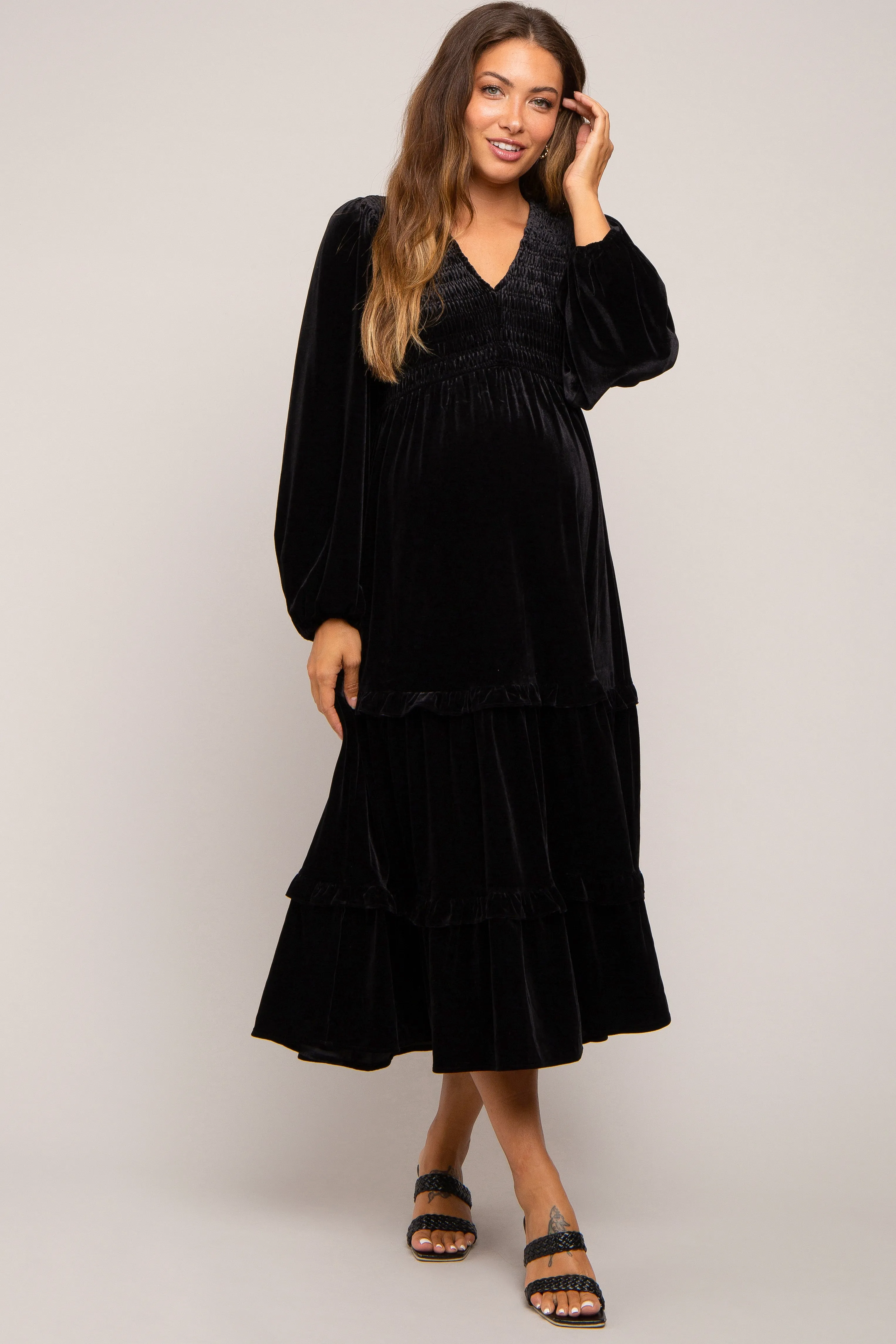 Black Velvet Smocked Maternity Midi Dress sold by Pinkblush