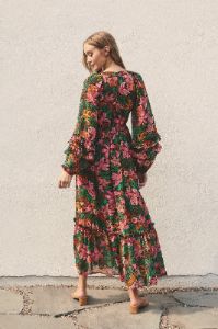 Camel Floral Ruffle Accent Deep V-Neck Maxi Dress sold by Pinkblush