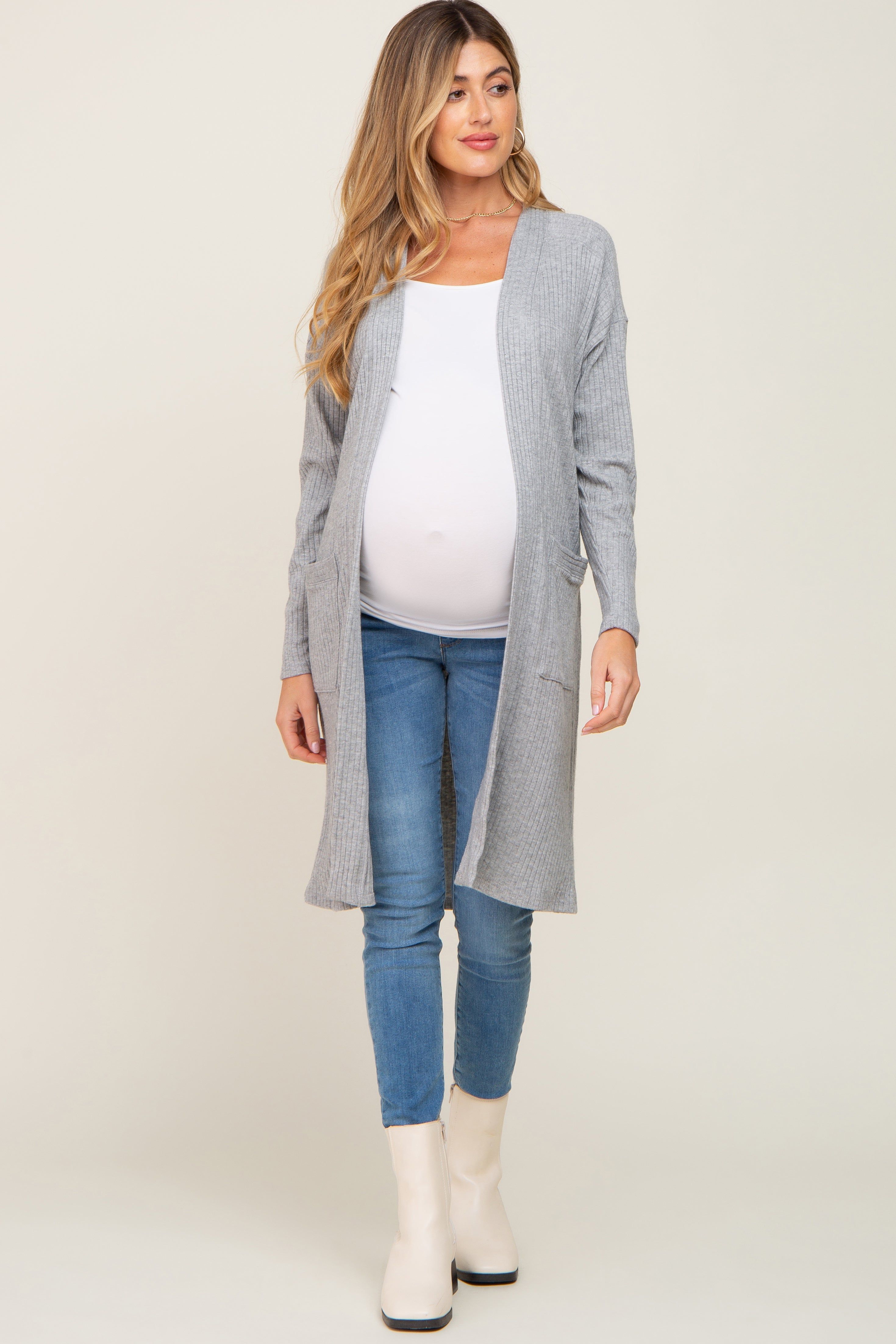 Heather Grey Ribbed Maternity Cardigan sold by Pinkblush