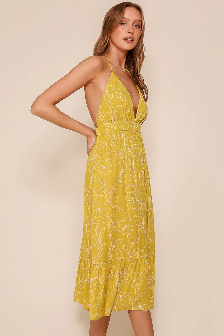 Yellow Floral Sleeveless Halter Neck Open Back Dress sold by Pinkblush product image thumbnail 3