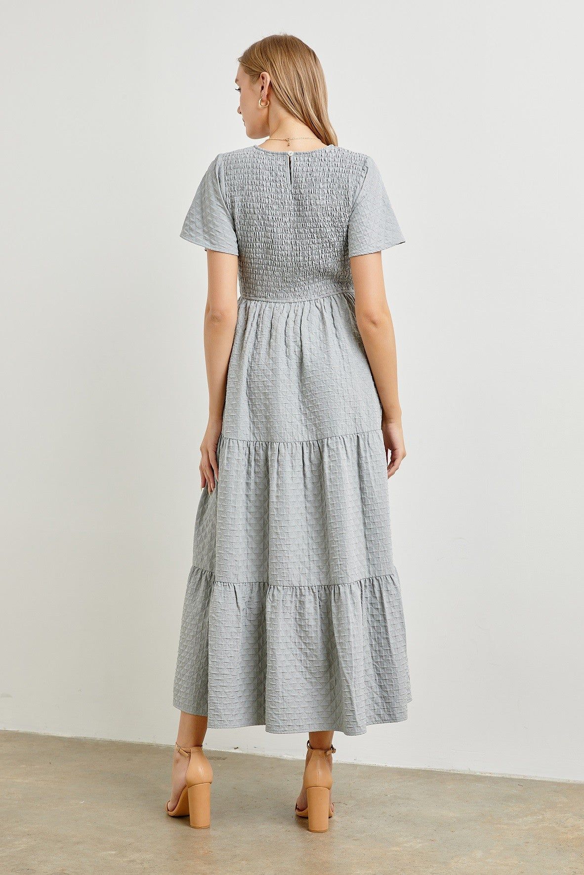 Blue Grey Textured Woven Tiered Midi Dress sold by Pinkblush product image thumbnail 3