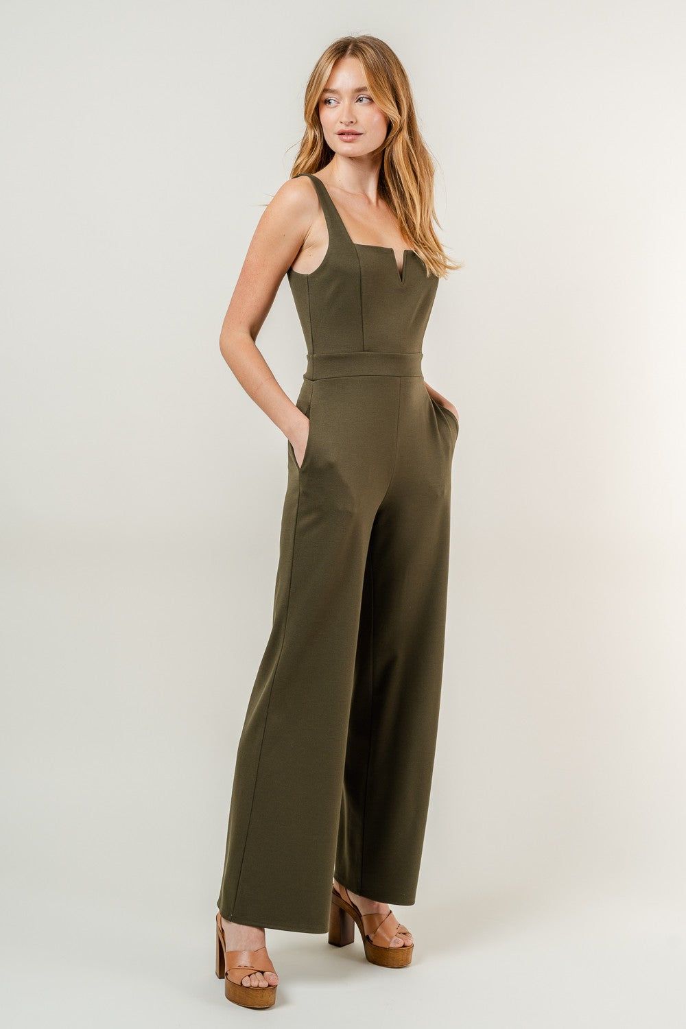 Dark Olive Sleeveless Fitted Jumpsuit With Pockets sold by Pinkblush product image thumbnail 2