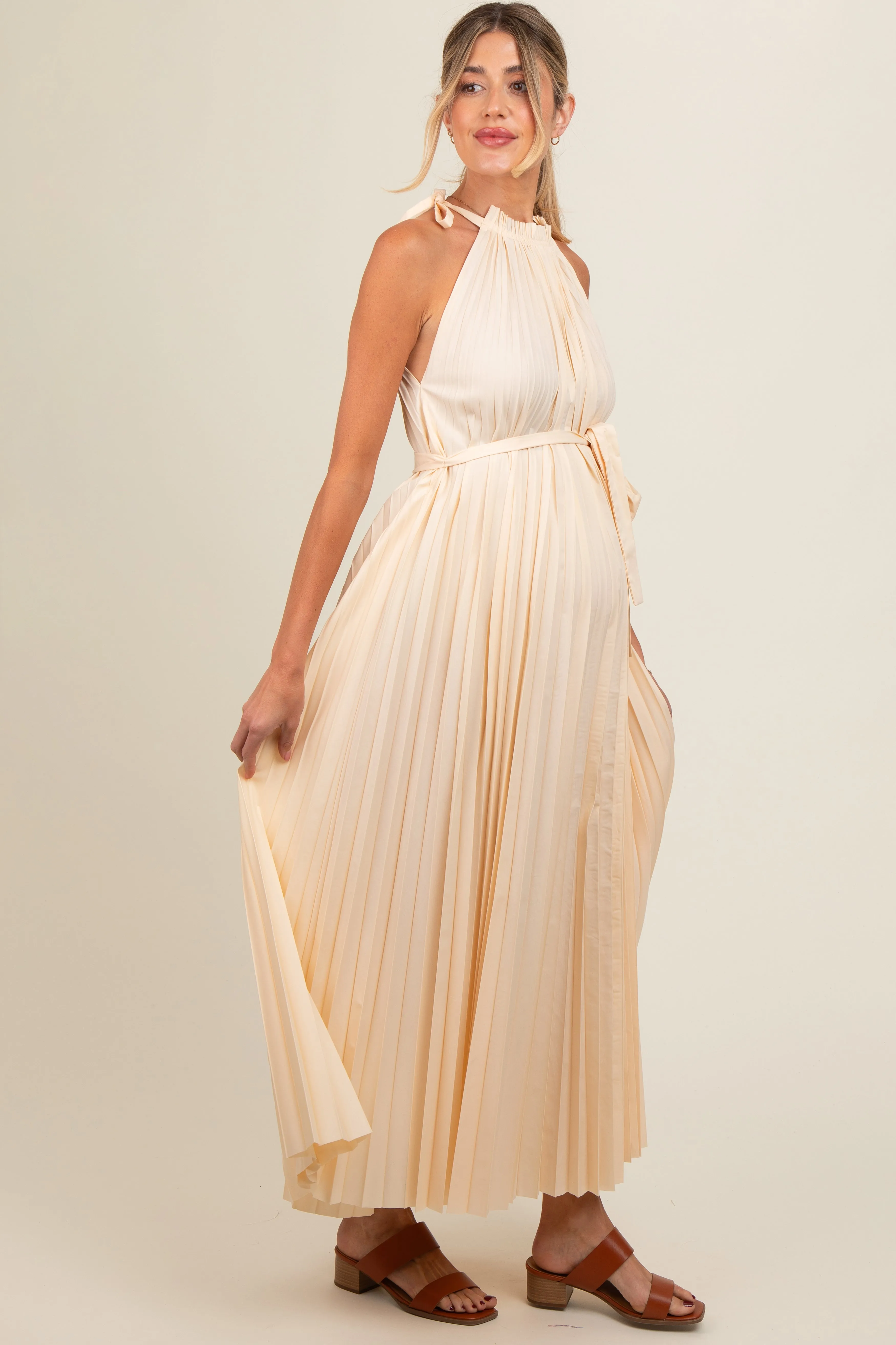 Cream Pleated Empire Tied Waist Maternity Midi Dress sold by Pinkblush product image thumbnail 3