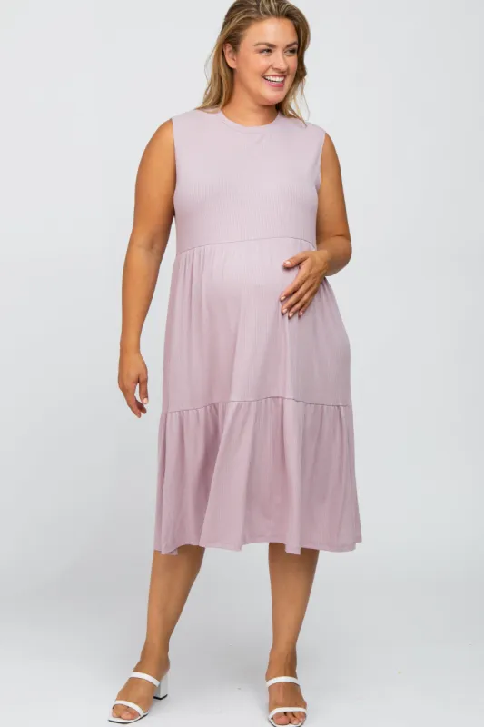 Lavender Ribbed Sleeveless Plus Maternity Midi Dress sold by Pinkblush