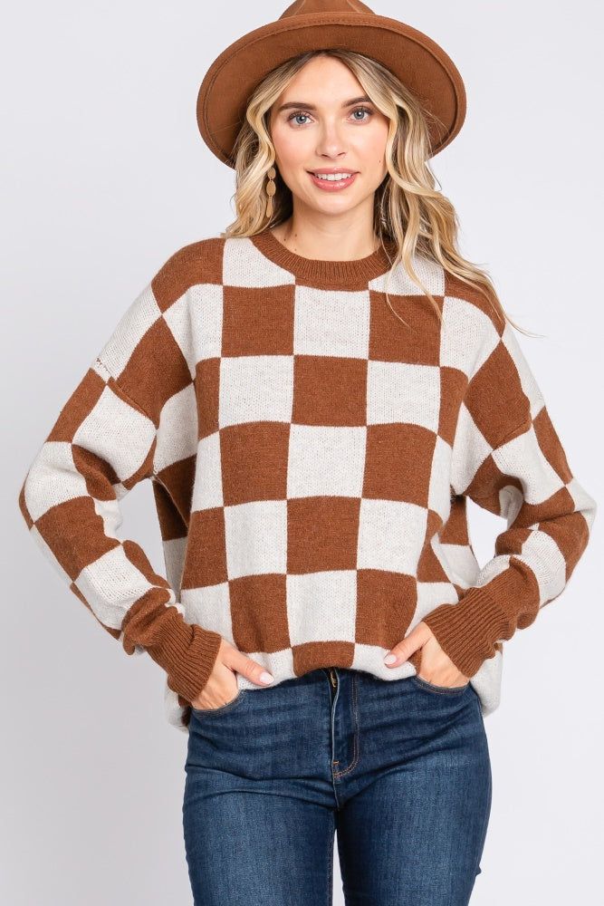 Brown Checkered Print Sweater sold by Pinkblush